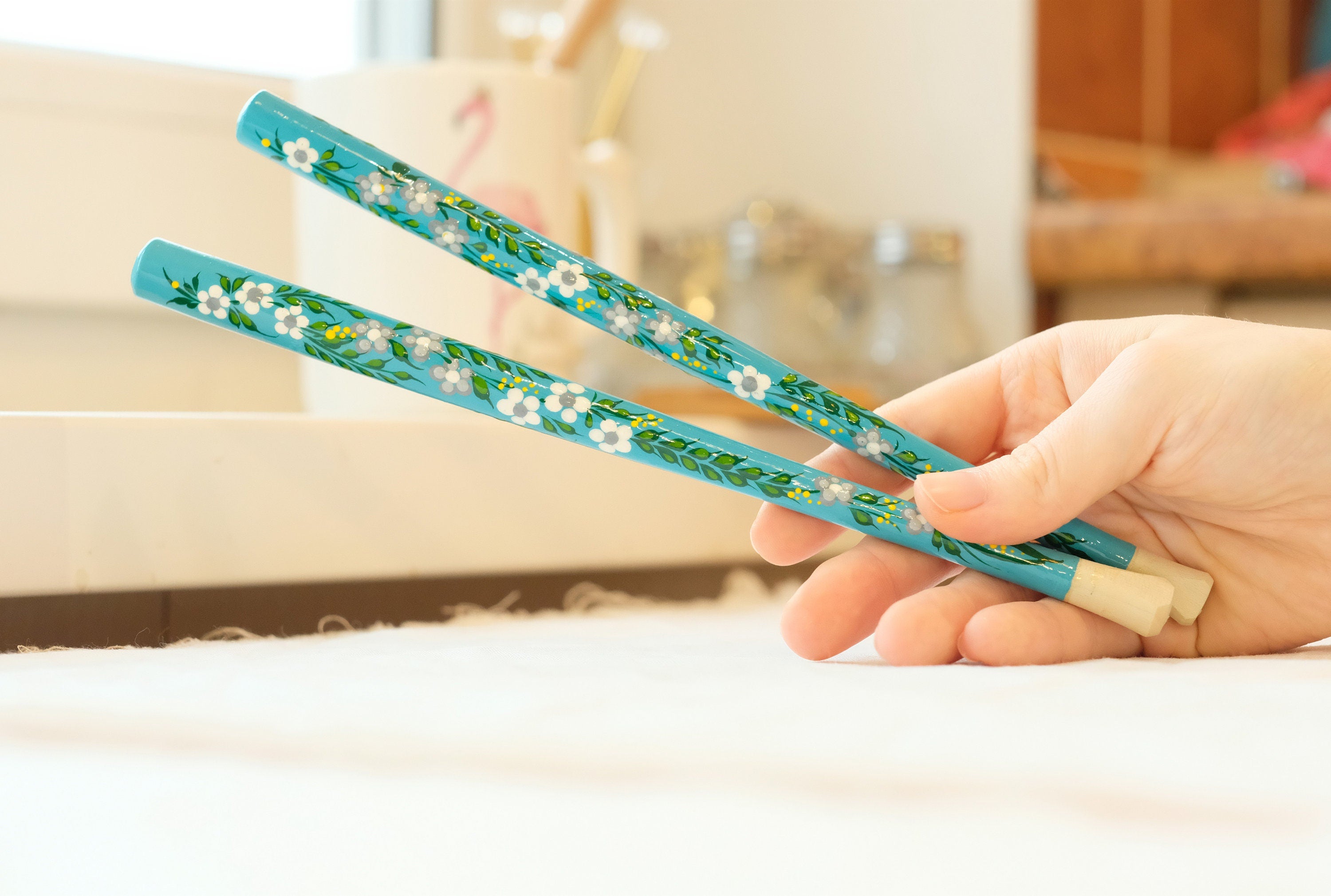 Extra long regular cigarette holder 9.1"/23 cm - Hand-painted wooden turquoise flower cigarette holder with Ukrainian Petrykivka art