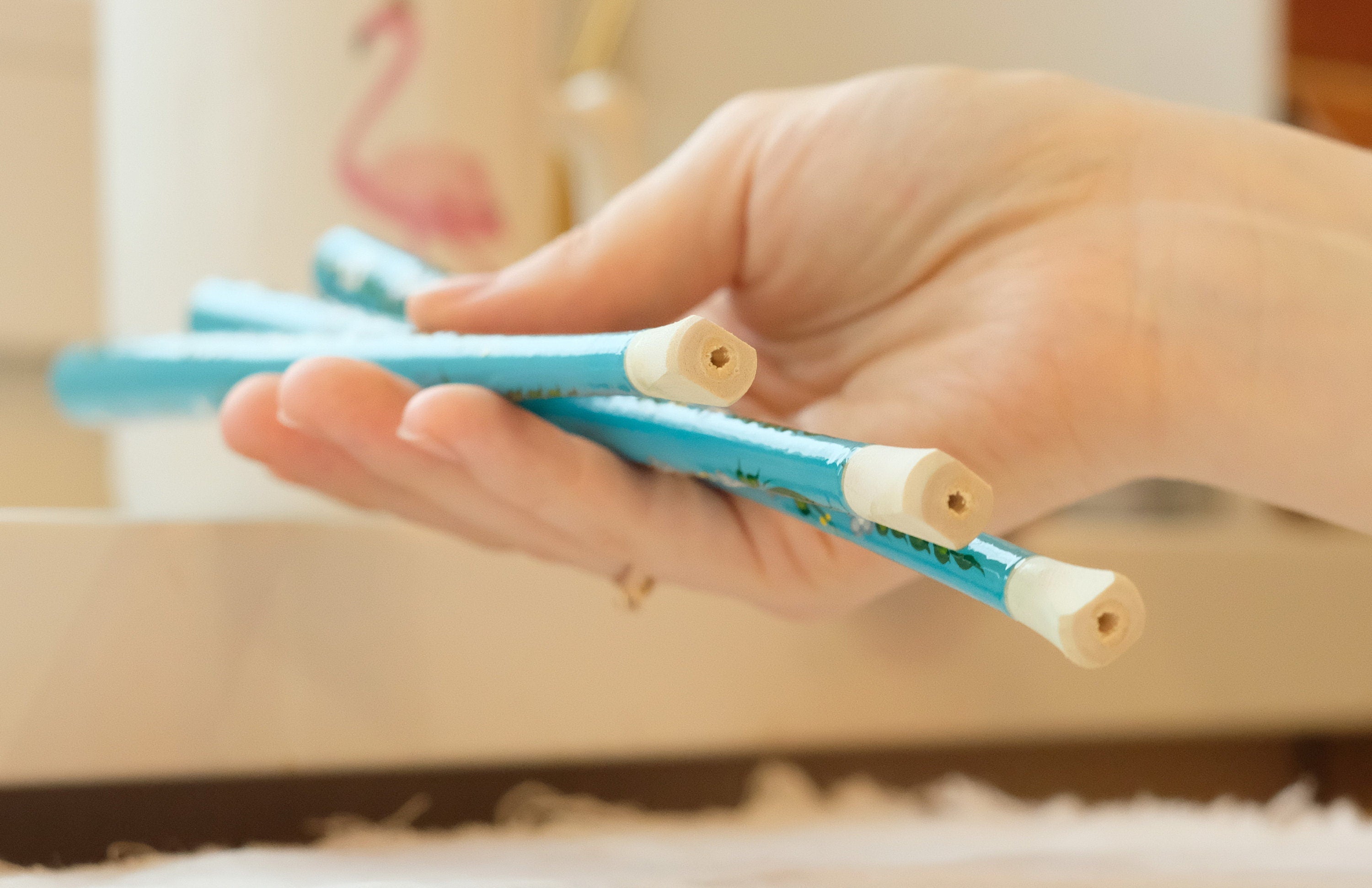 Extra long regular cigarette holder 9.1"/23 cm - Hand-painted wooden turquoise flower cigarette holder with Ukrainian Petrykivka art