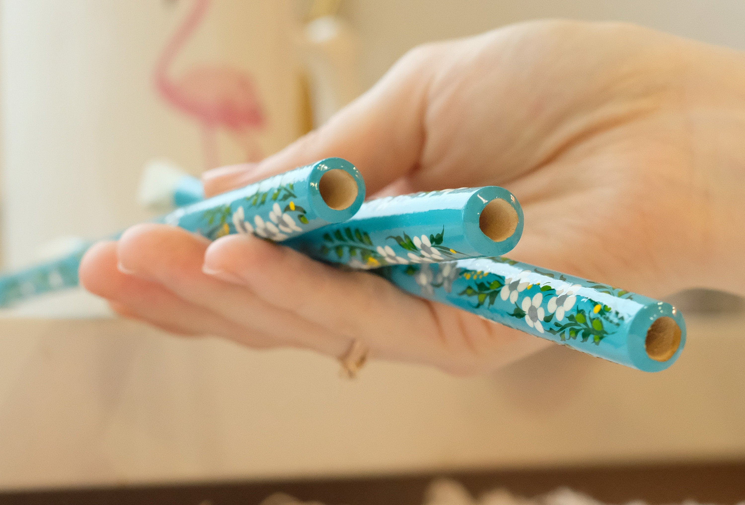 Extra long regular cigarette holder 9.1"/23 cm - Hand-painted wooden turquoise flower cigarette holder with Ukrainian Petrykivka art