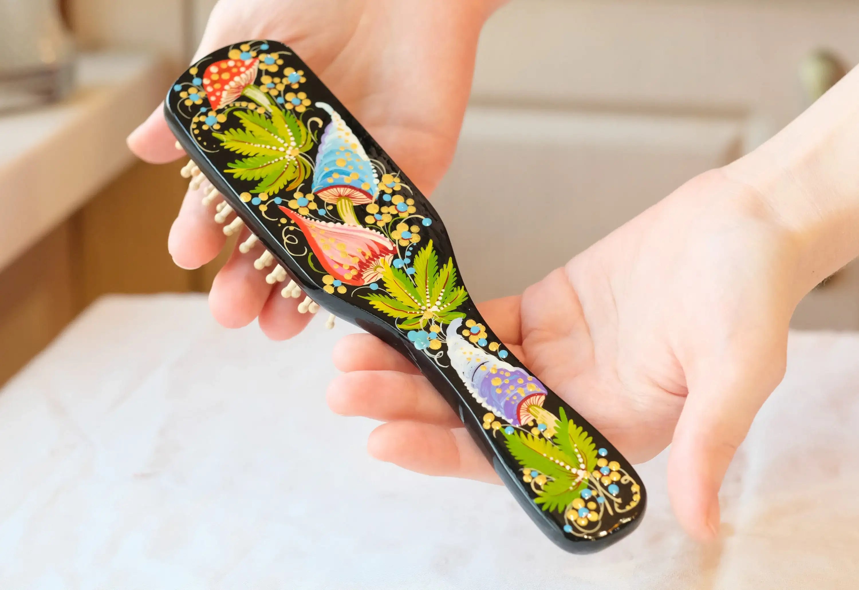 Painted Wooden Mushroom Hairbrush - Wooden Bristle Massage Brush, Large Wooden Paddle Brush, Petrykivka Art