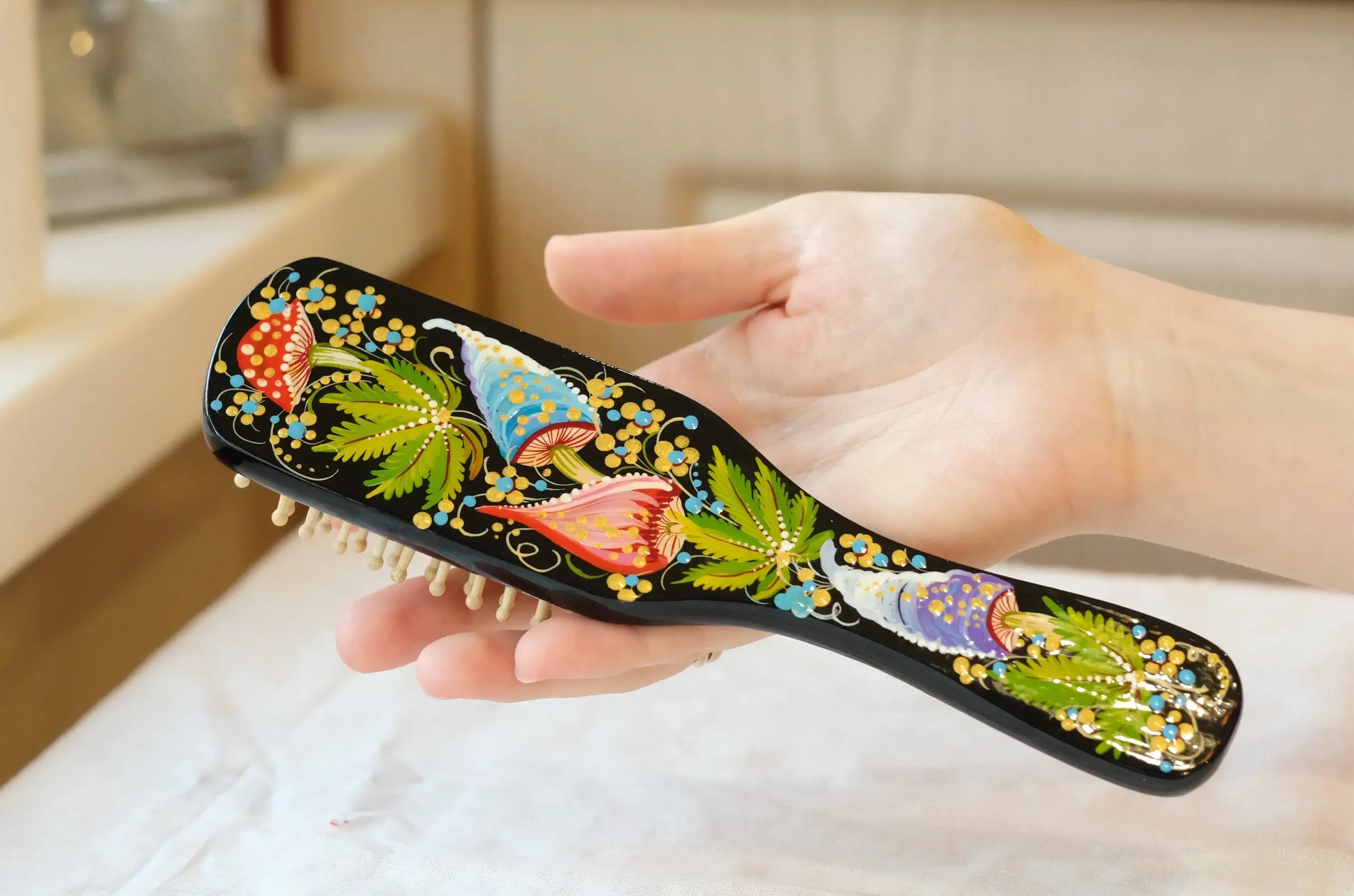 Painted Wooden Mushroom Hairbrush - Wooden Bristle Massage Brush, Large Wooden Paddle Brush, Petrykivka Art