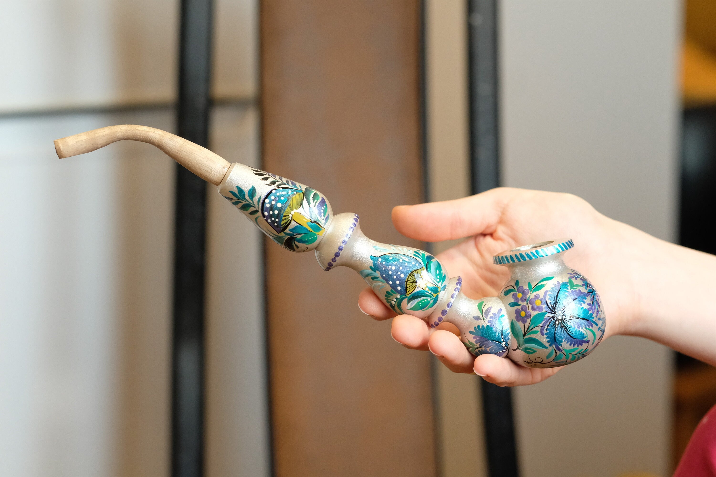 Long Painted Wooden Smoking Pipe - Tree of Life & Mushroom Tobacco Pipe with Ukrainian Petrykivka Art