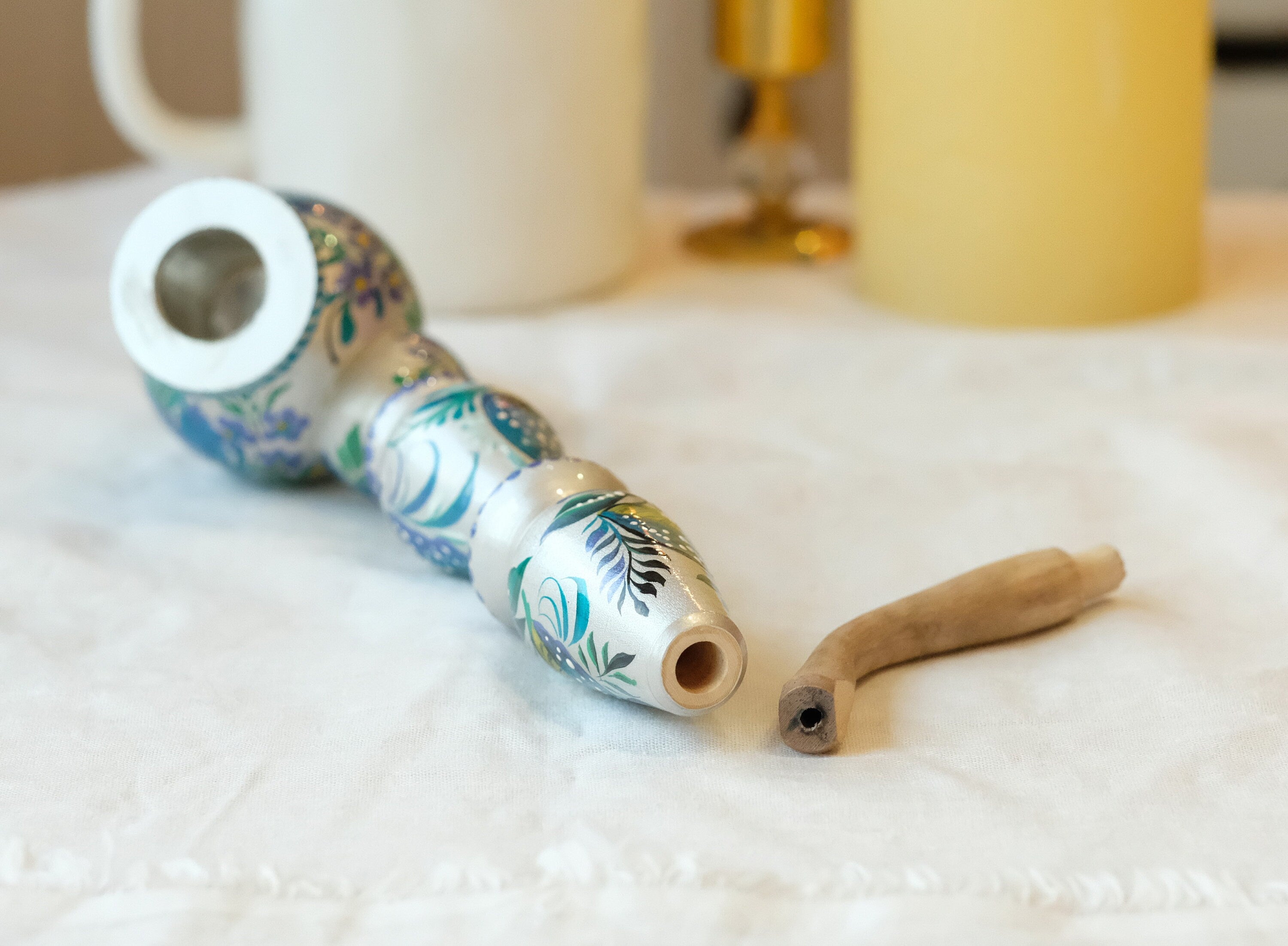 Long Painted Wooden Smoking Pipe - Tree of Life & Mushroom Tobacco Pipe with Ukrainian Petrykivka Art