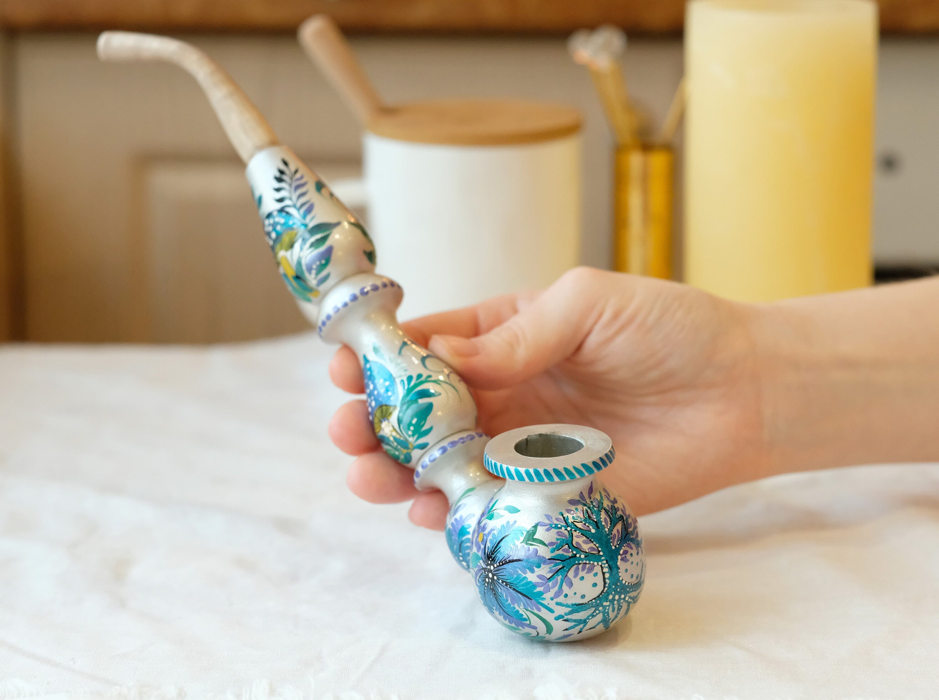 Long Painted Wooden Smoking Pipe - Tree of Life & Mushroom Tobacco Pipe with Ukrainian Petrykivka Art