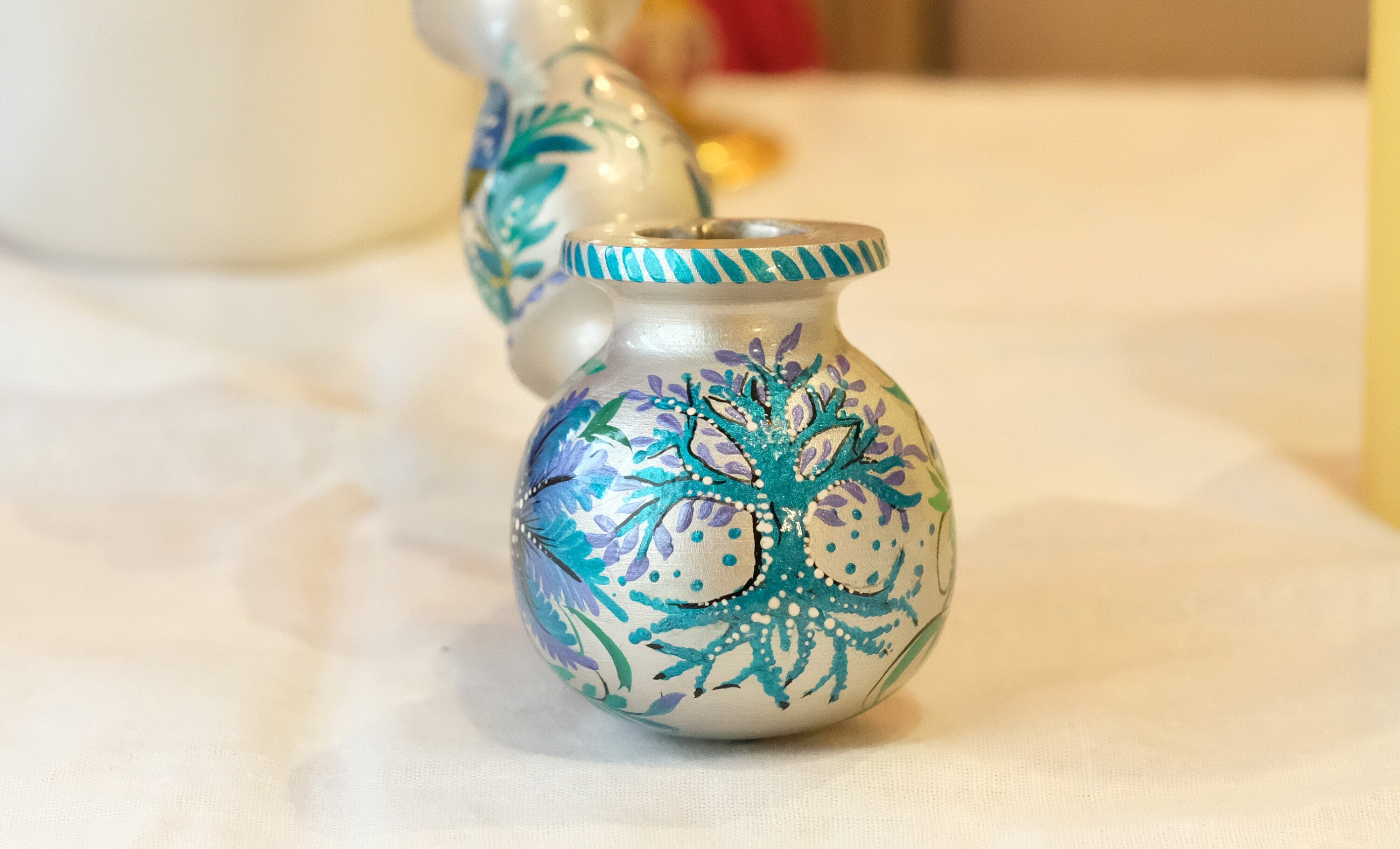 Long Painted Wooden Smoking Pipe - Tree of Life & Mushroom Tobacco Pipe with Ukrainian Petrykivka Art