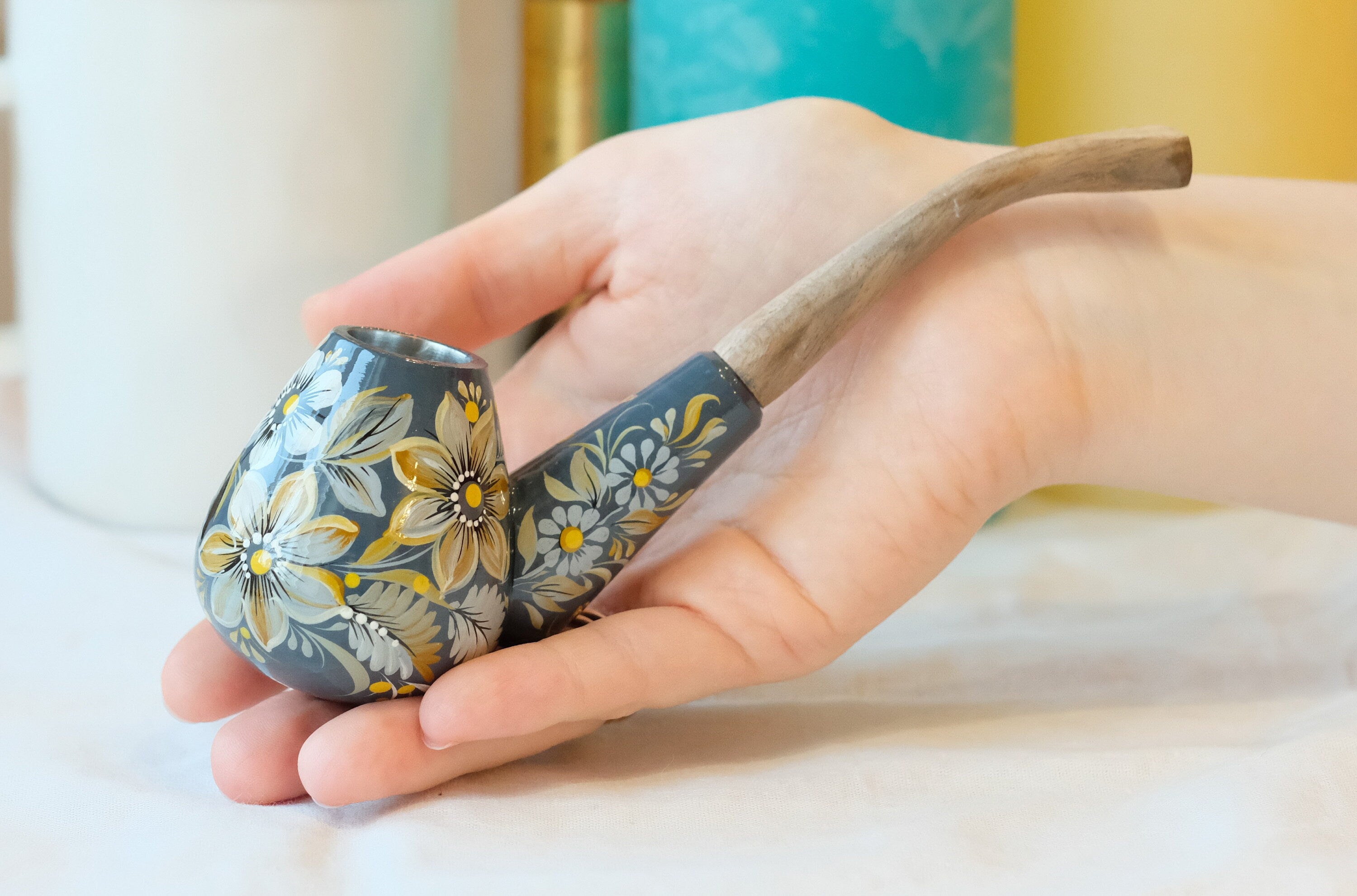 Painted Wooden Gray Smoking Pipe - Tobacco Pipe with Ukrainian Folk Art Petrykivka
