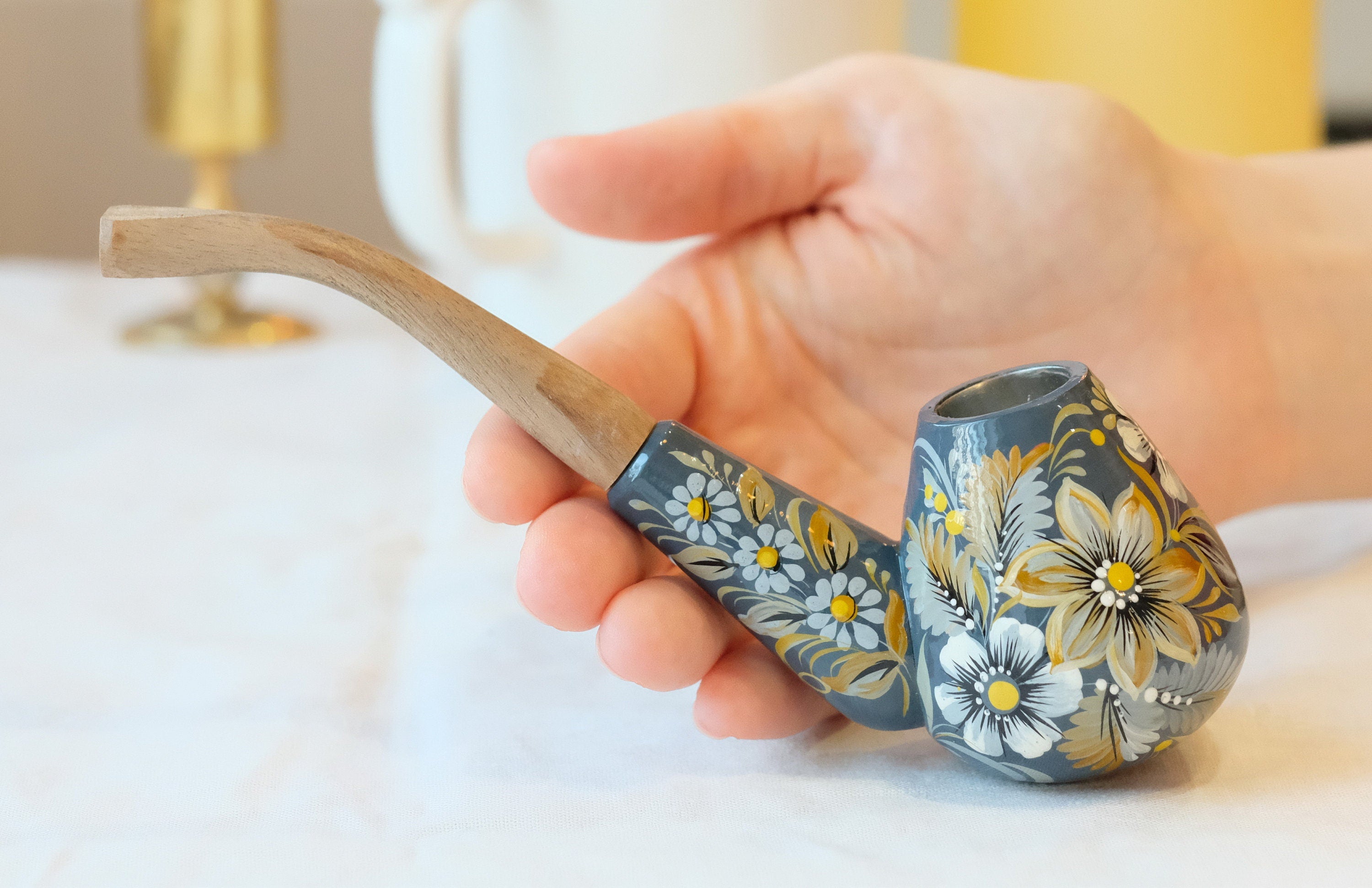 Painted Wooden Gray Smoking Pipe - Tobacco Pipe with Ukrainian Folk Art Petrykivka