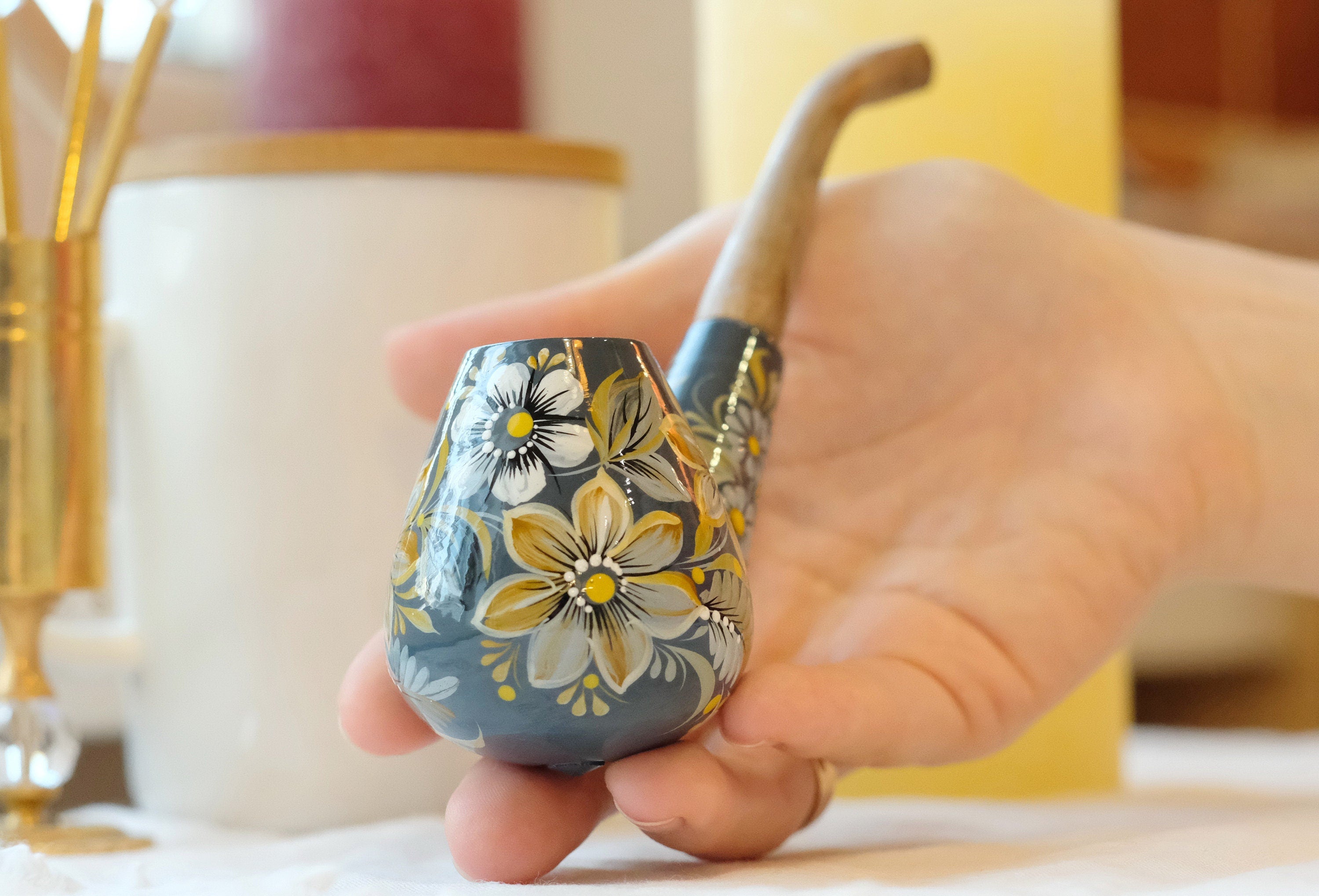 Painted Wooden Gray Smoking Pipe - Tobacco Pipe with Ukrainian Folk Art Petrykivka