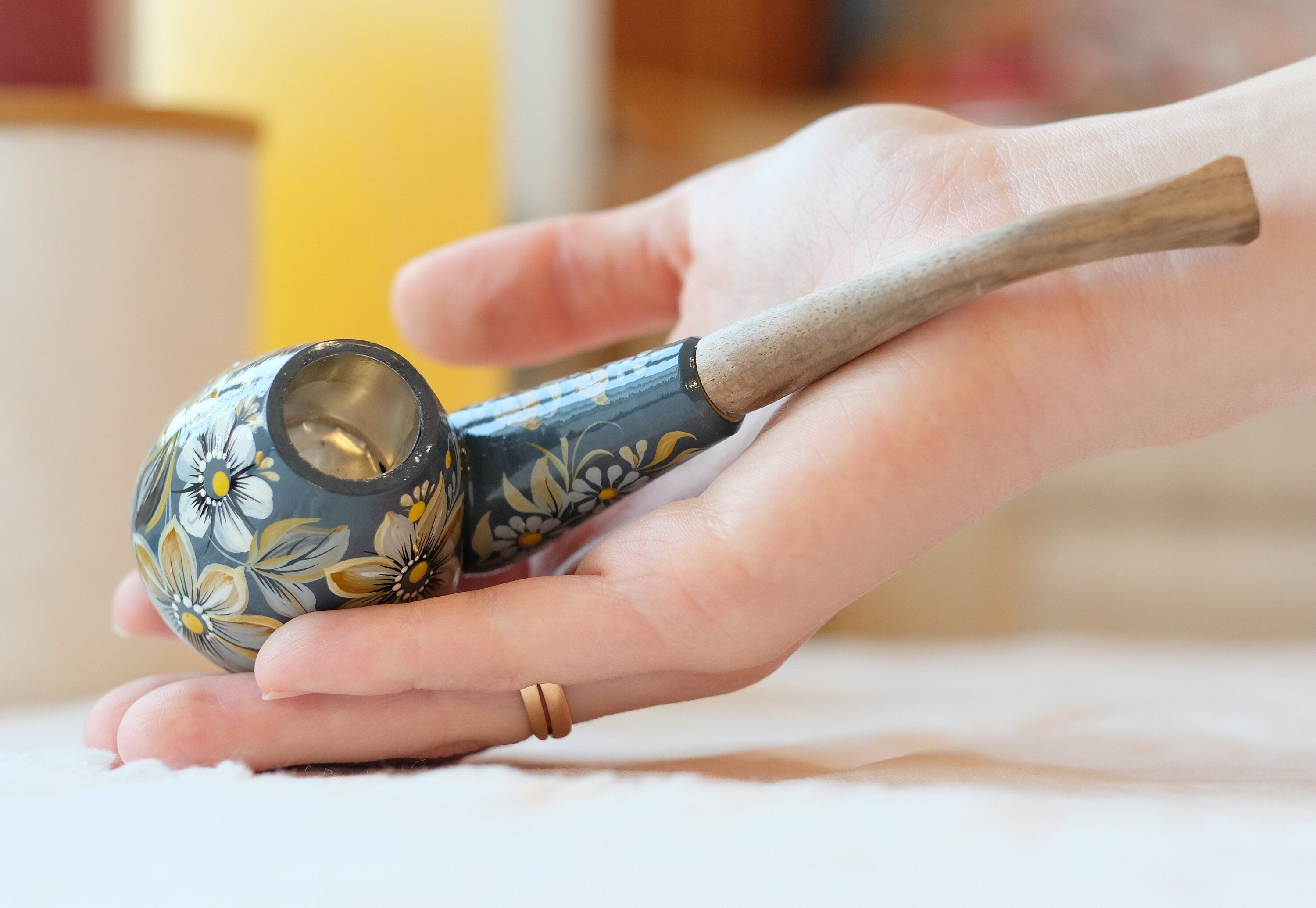 Painted Wooden Gray Smoking Pipe - Tobacco Pipe with Ukrainian Folk Art Petrykivka