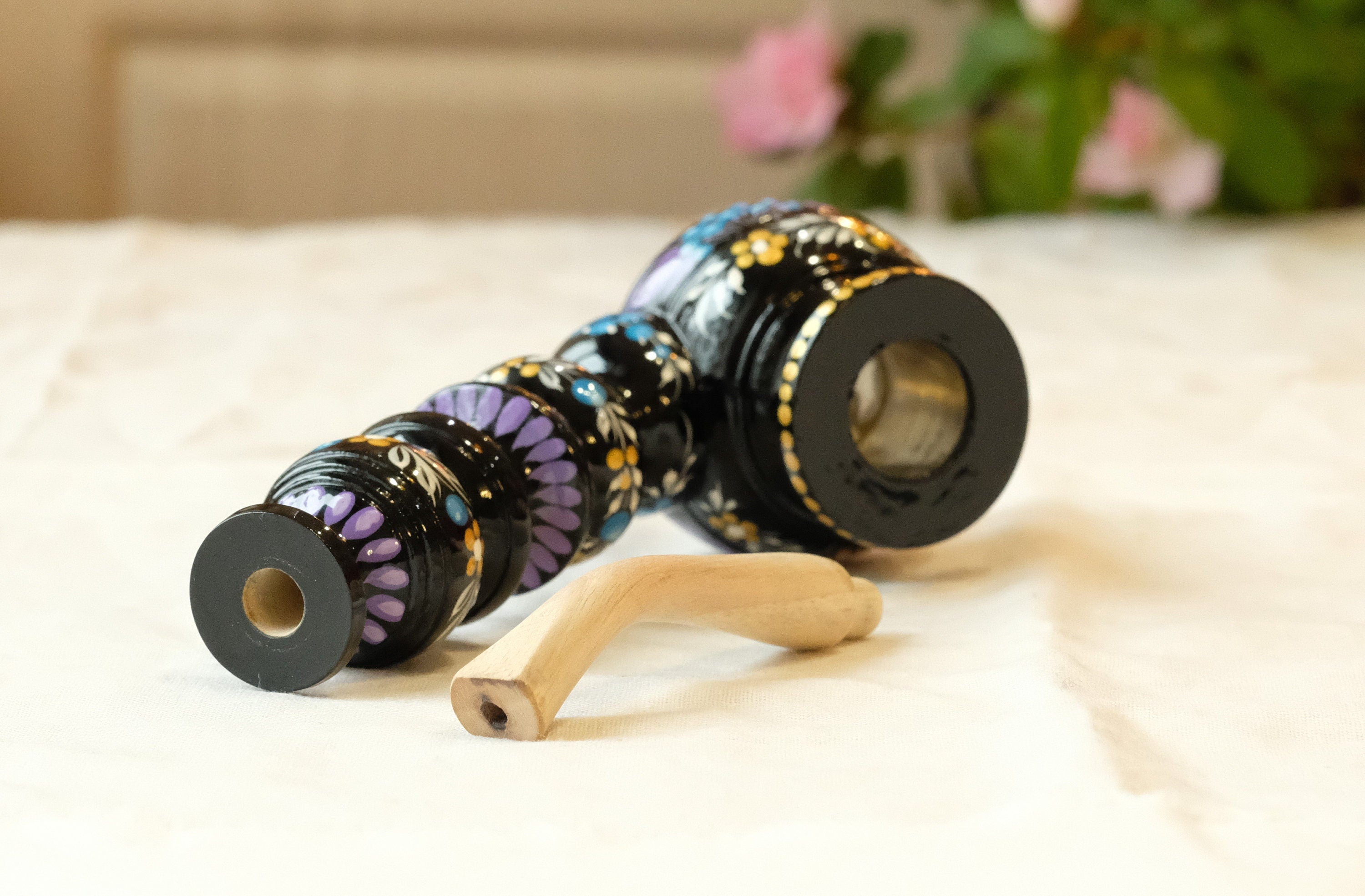 Long Wooden Smoking Pipe - Hand-painted Tobacco Pipe with Ukrainian Folk Art Petrykivka