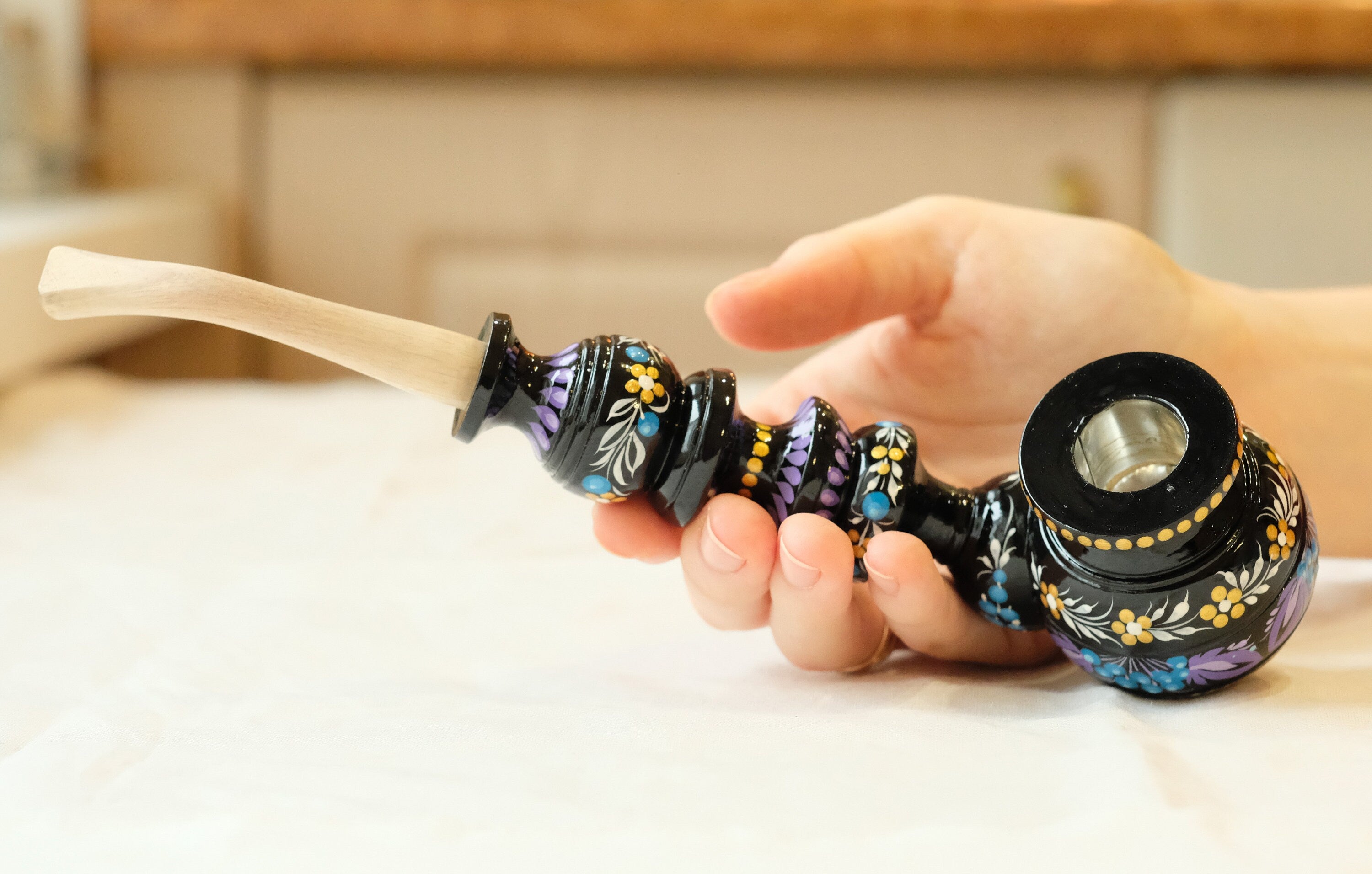 Long Wooden Smoking Pipe - Hand-painted Tobacco Pipe with Ukrainian Folk Art Petrykivka