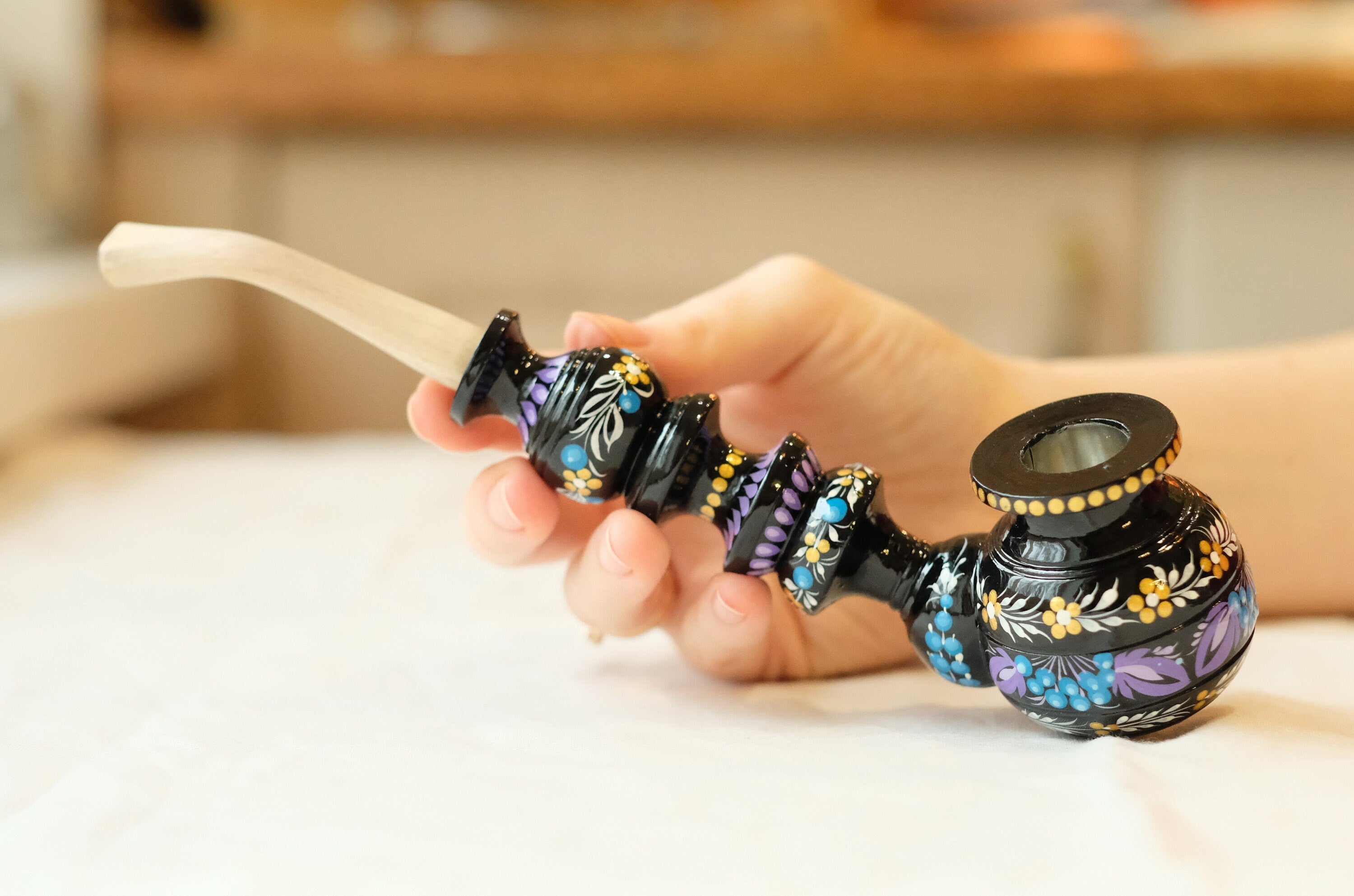 Long Wooden Smoking Pipe - Hand-painted Tobacco Pipe with Ukrainian Folk Art Petrykivka