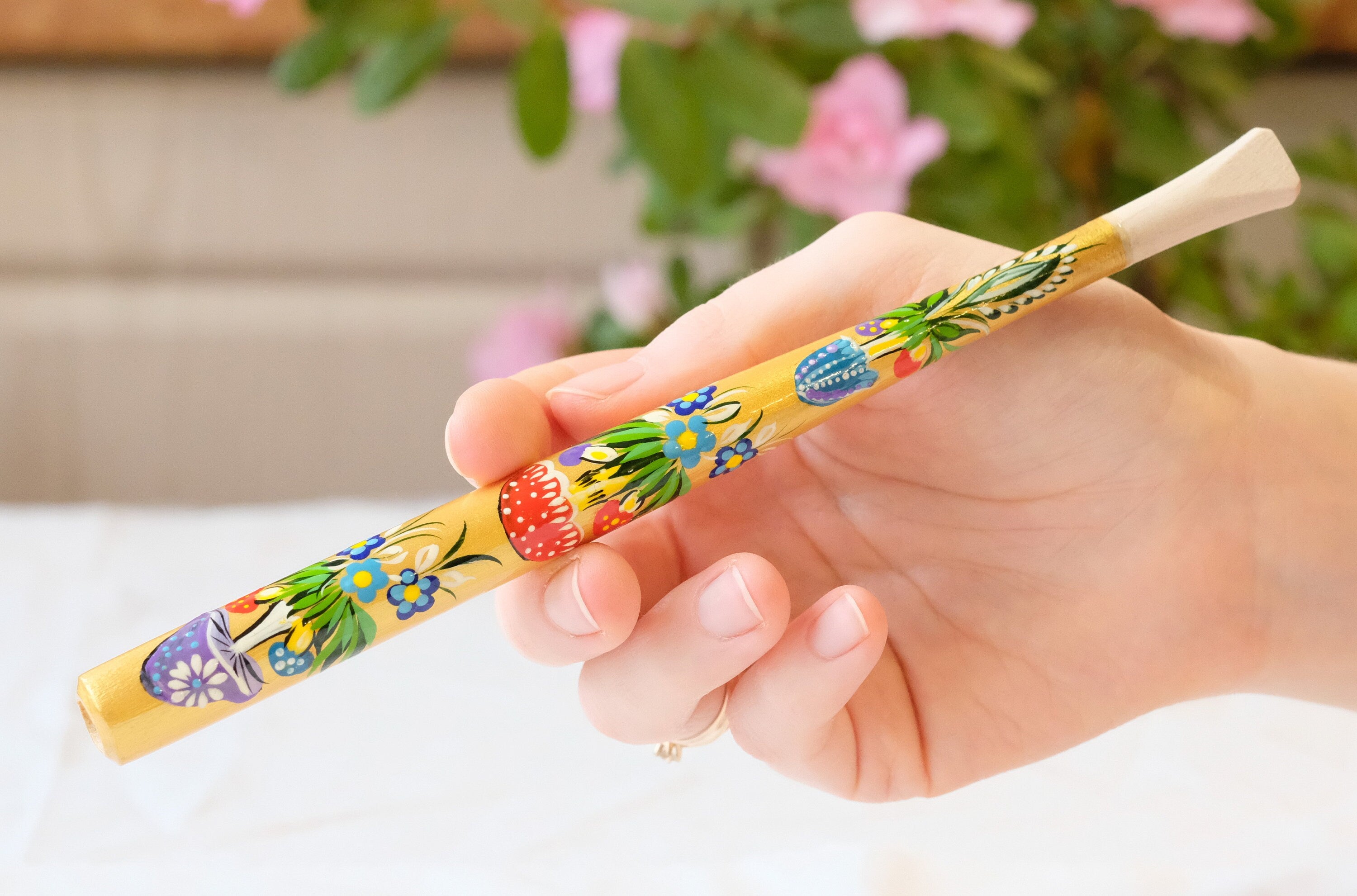 Long Regular Cigarette Holder - Painted Wooden Mushroom Cigarette Holder with Ukrainian Folk Art Petrykivka