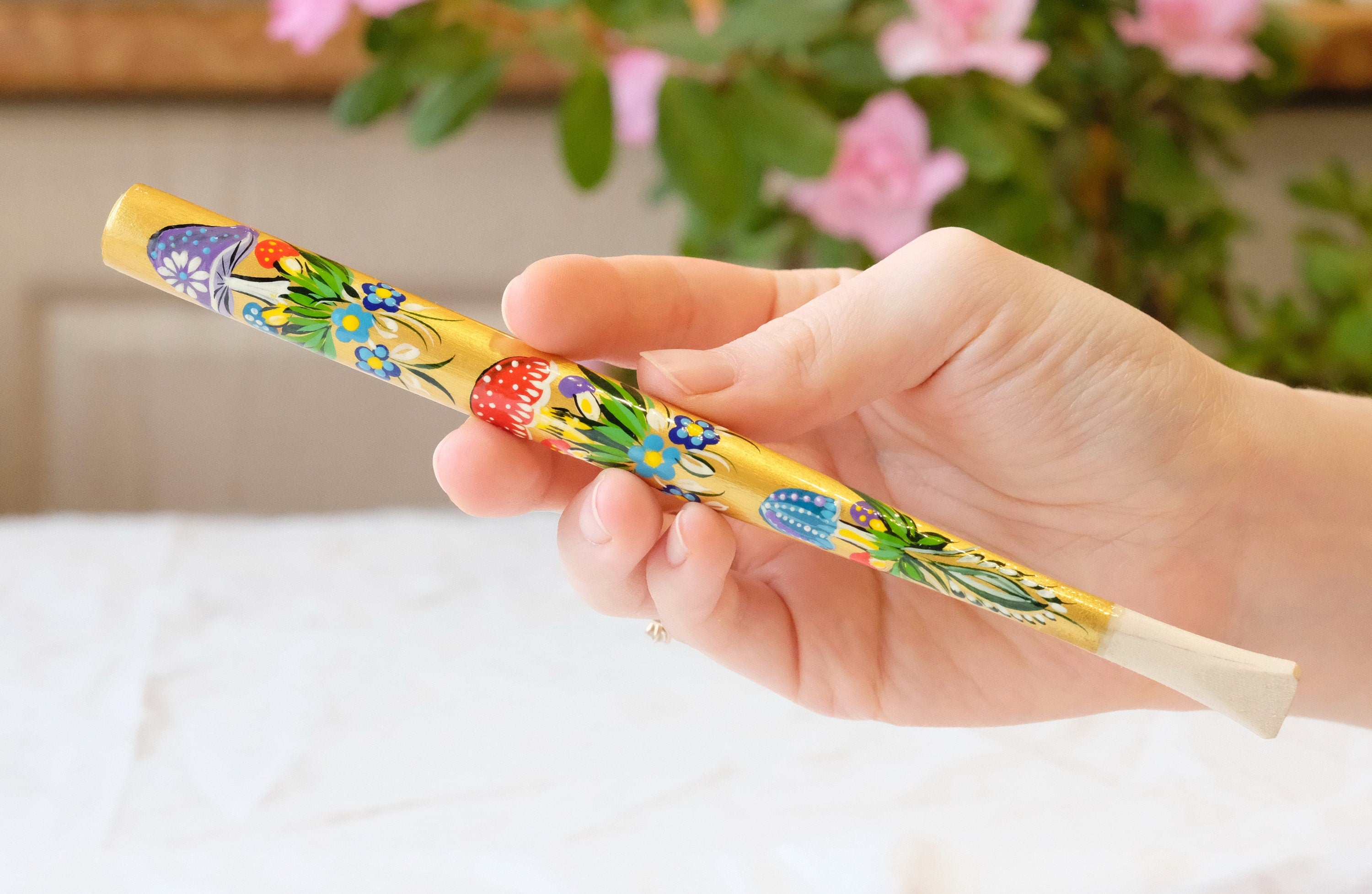 Long Regular Cigarette Holder - Painted Wooden Mushroom Cigarette Holder with Ukrainian Folk Art Petrykivka