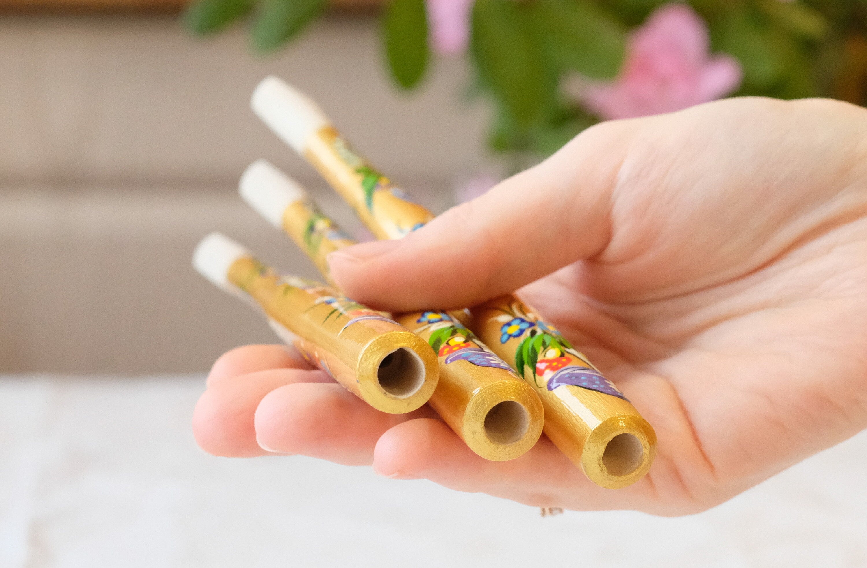 Long Regular Cigarette Holder - Painted Wooden Mushroom Cigarette Holder with Ukrainian Folk Art Petrykivka