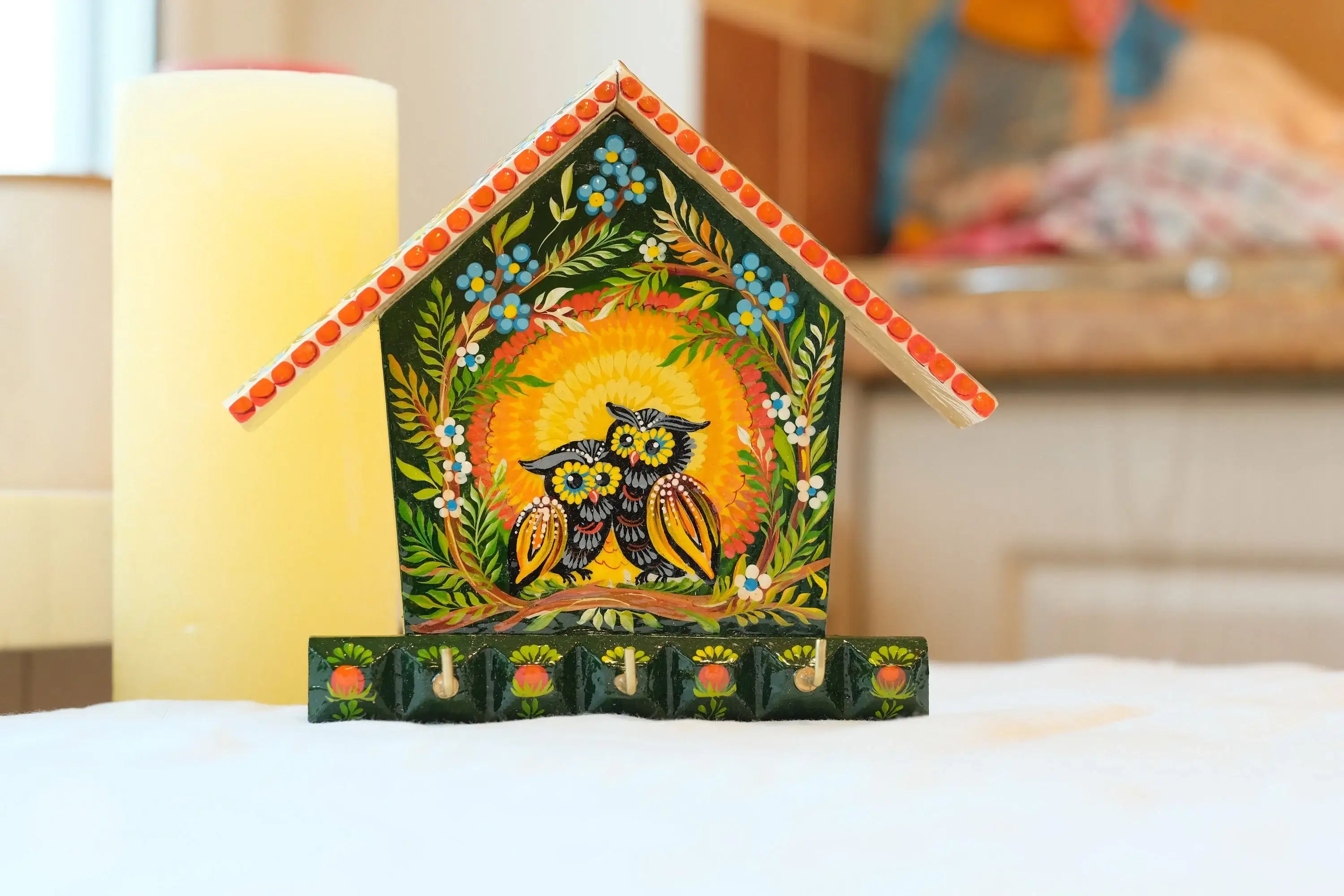 Wooden Painted Key Holder for Wall with Owls Couple - Atrisanal House-shaped Wall Mount Key Hanger, Petrykivka Art, Green and Orange