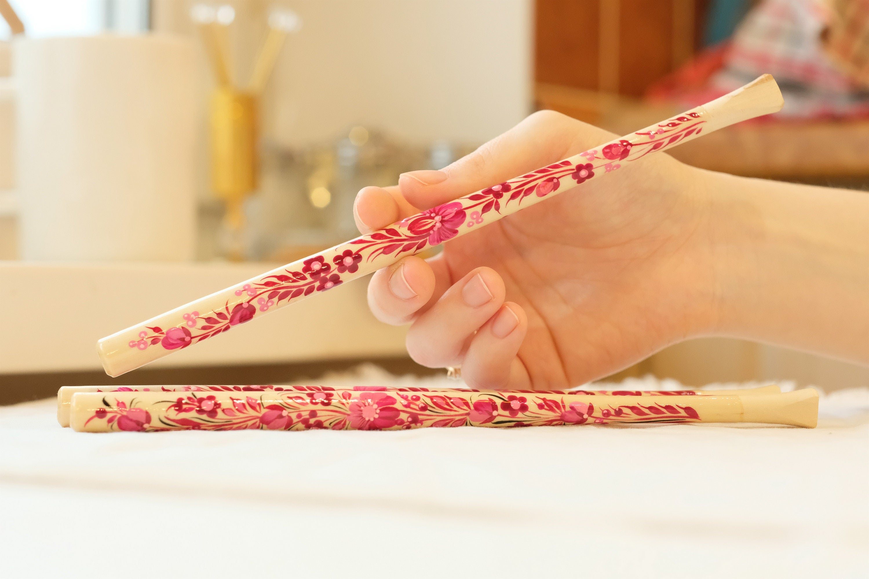 Extra long regular cigarette holder 9.1"/23 cm - Hand-painted wooden burgundy & pink flower cigarette holder with Ukrainian Petrykivka art