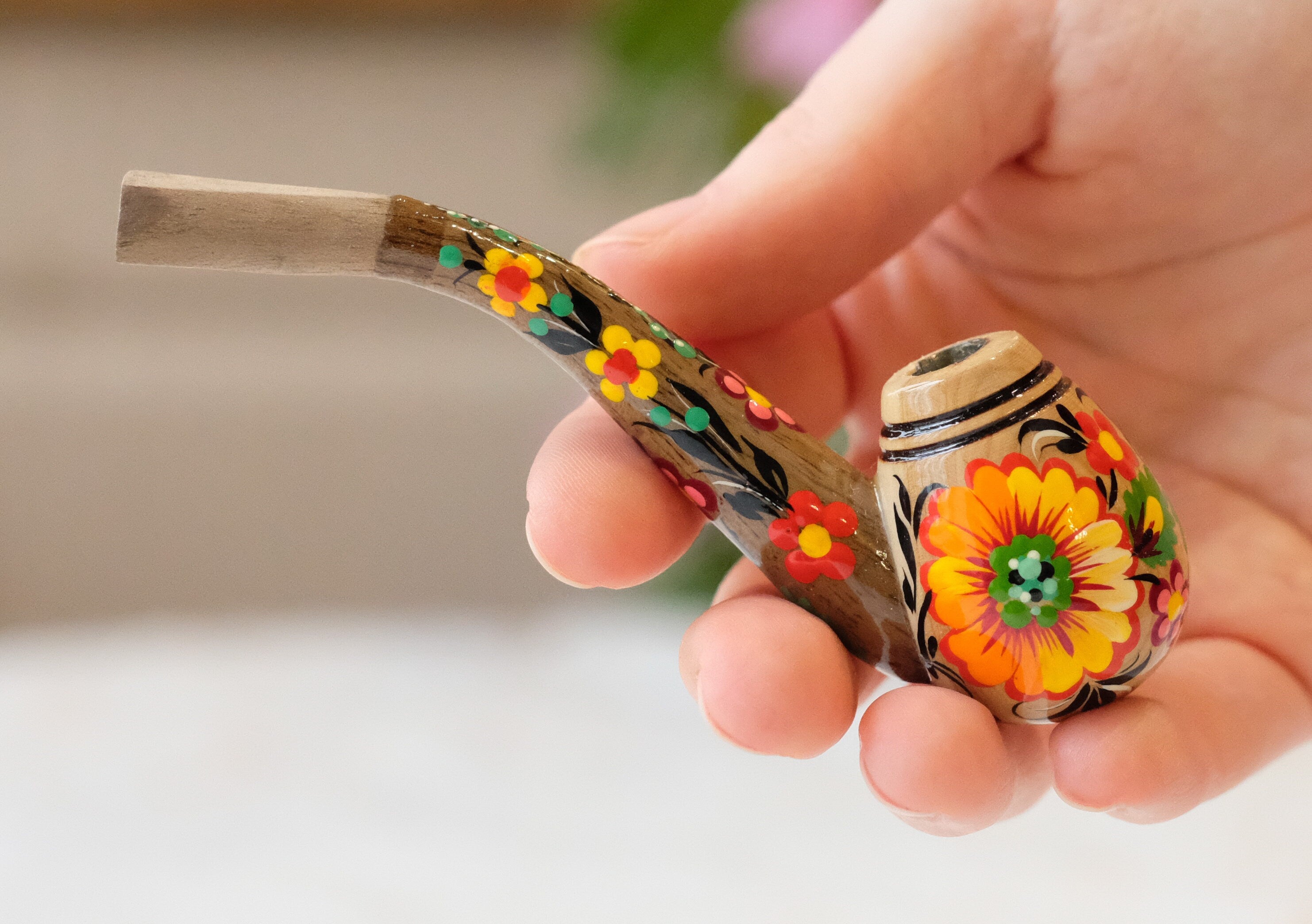 Regular Cigarette Holder - Painted Wooden Mini Pipe Cigarette Holder with Ukrainian Sunflowers