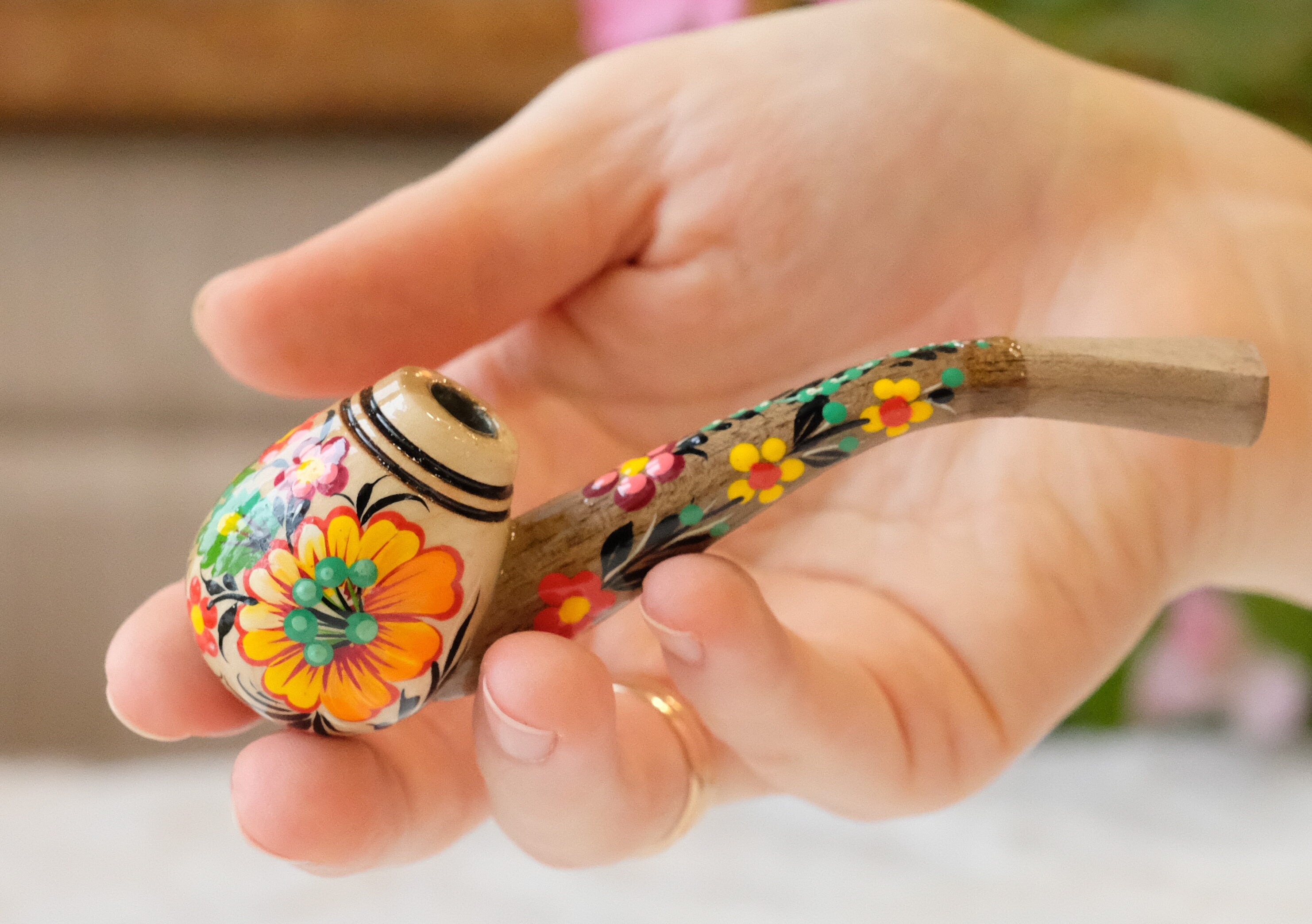 Regular Cigarette Holder - Painted Wooden Mini Pipe Cigarette Holder with Ukrainian Sunflowers
