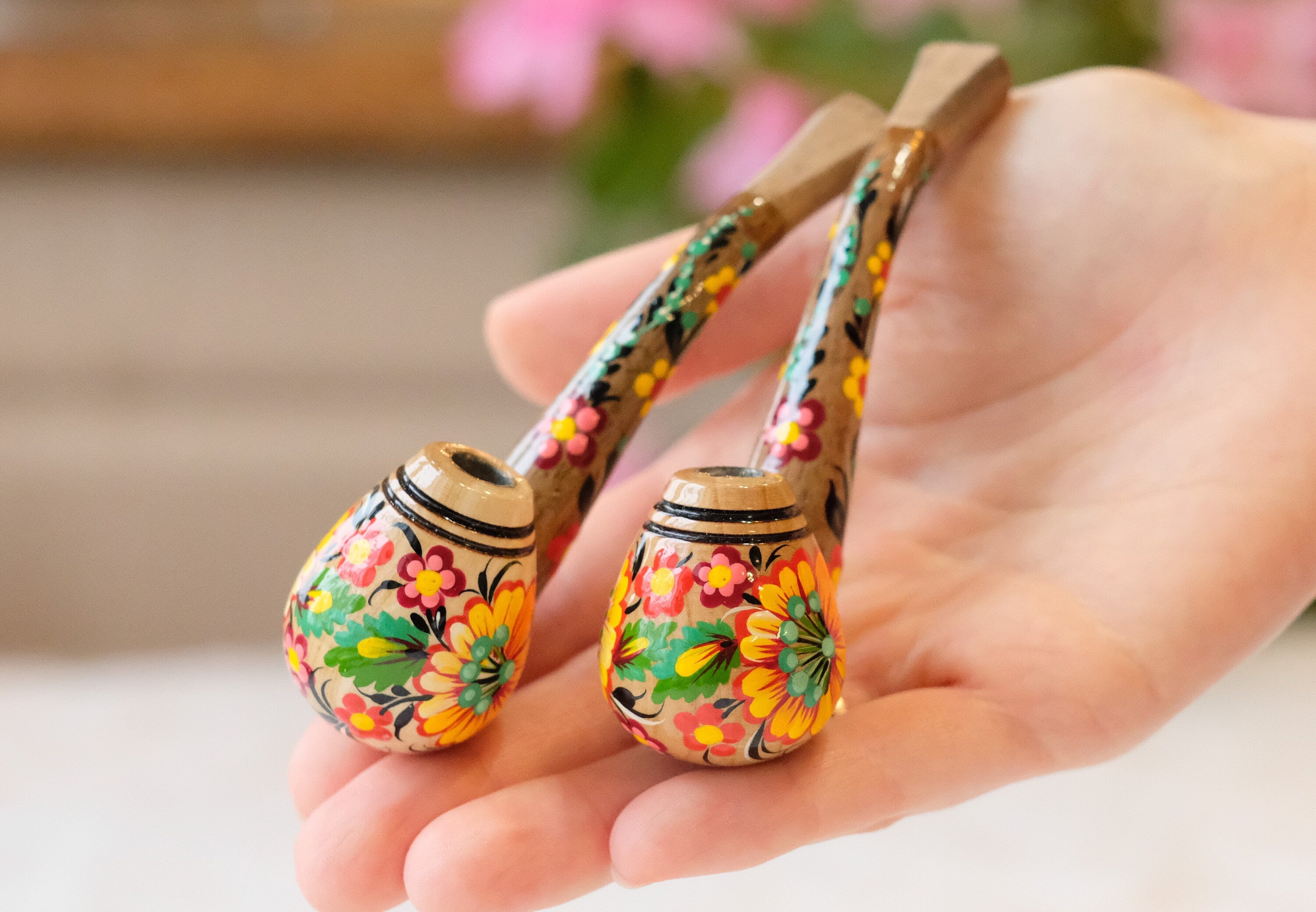 Regular Cigarette Holder - Painted Wooden Mini Pipe Cigarette Holder with Ukrainian Sunflowers