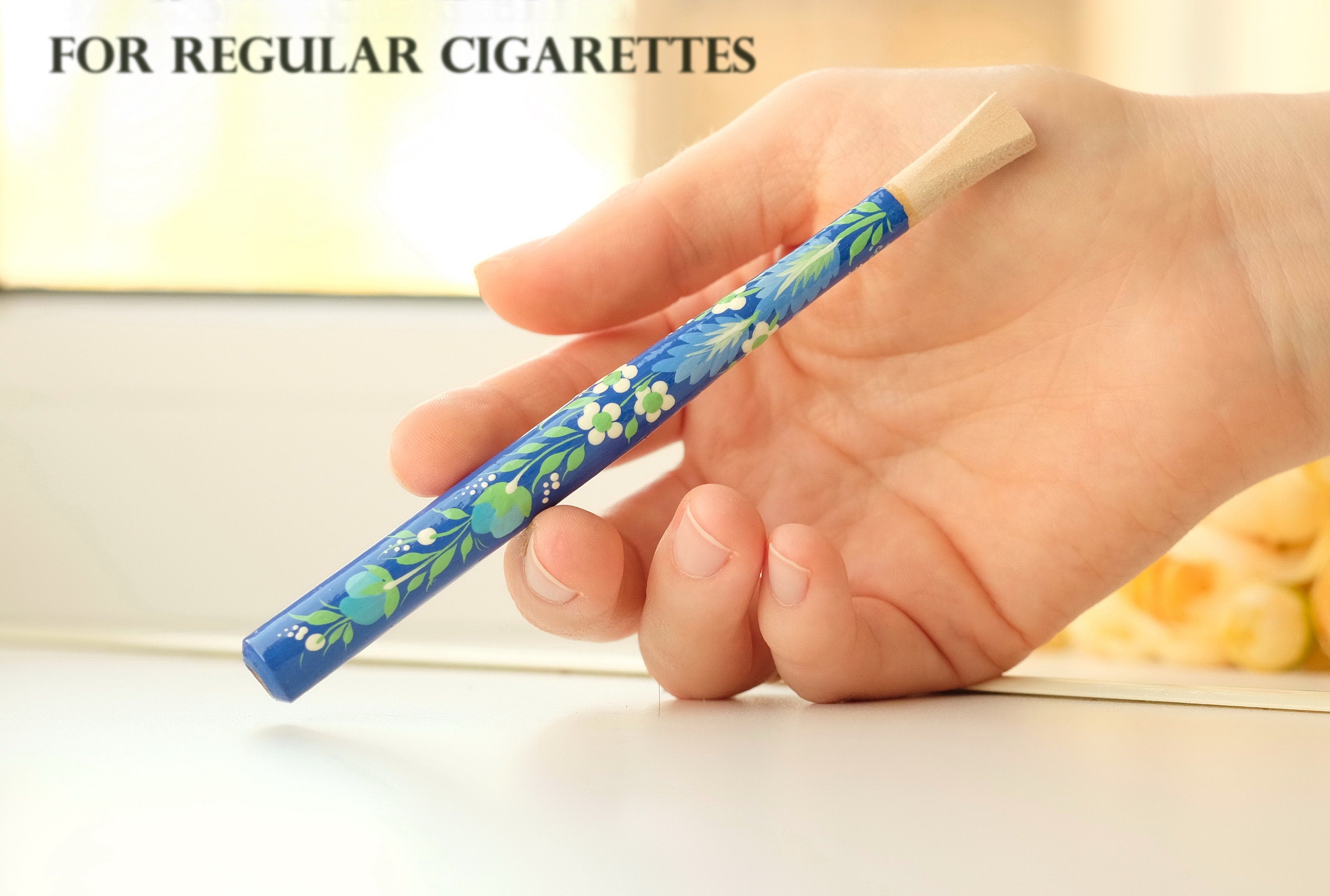 Painted Wooden Cigarette Holder - Regular & Slim - Blue Flower Mouthpiece with Ukrainian Folk Art Petrykivka