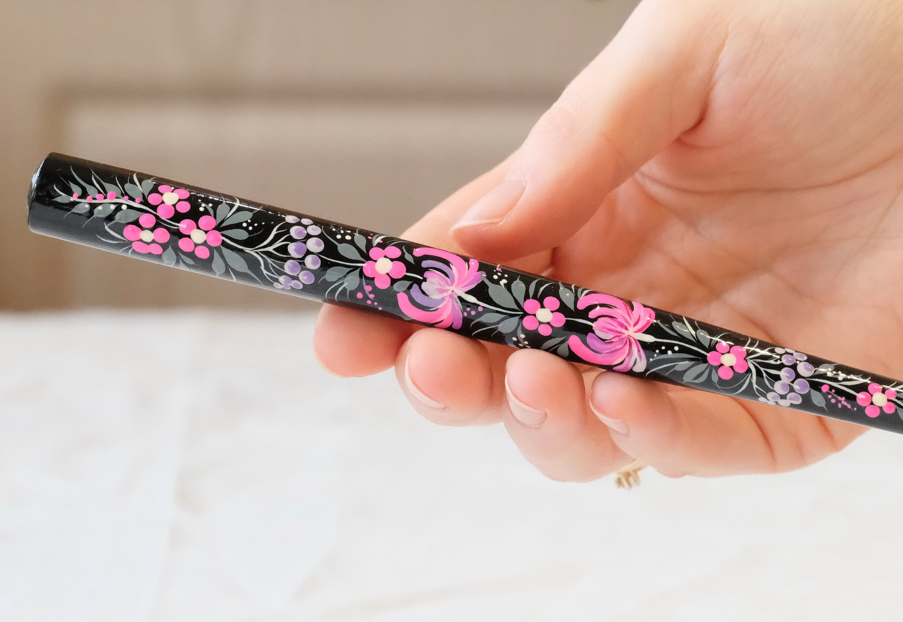 Long Regular Cigarette Holder 7.8 inches - Painted Wooden Pink Flower Mouthpiece with Ukrainian Folk Art Petrykivka