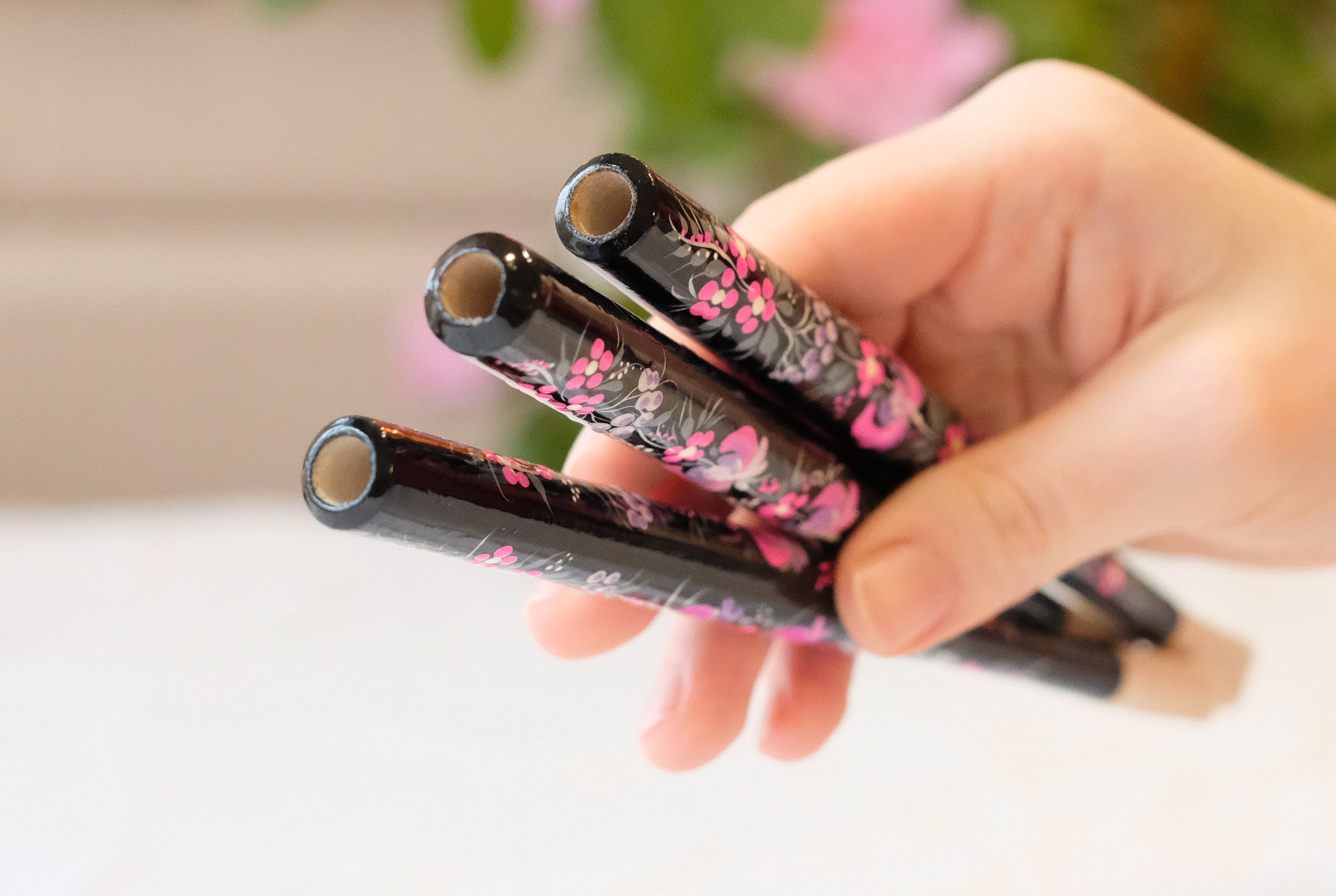 Long Regular Cigarette Holder 7.8 inches - Painted Wooden Pink Flower Mouthpiece with Ukrainian Folk Art Petrykivka