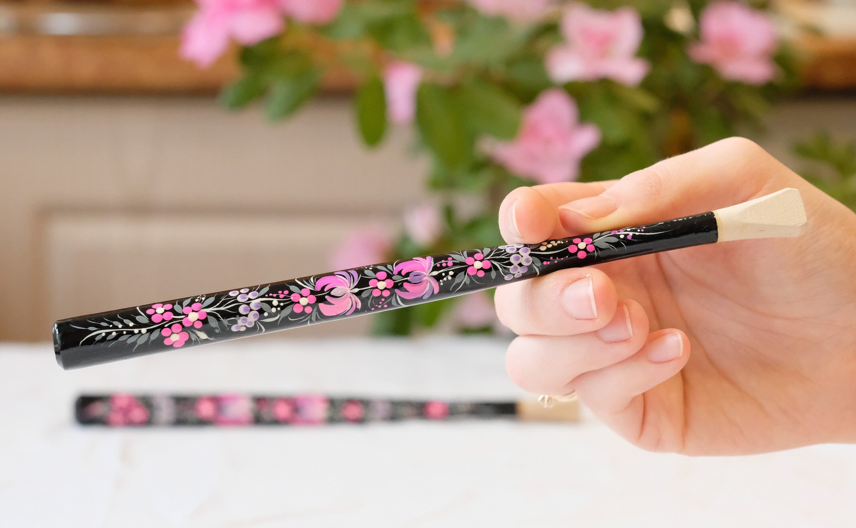 Long Regular Cigarette Holder 7.8 inches - Painted Wooden Pink Flower Mouthpiece with Ukrainian Folk Art Petrykivka