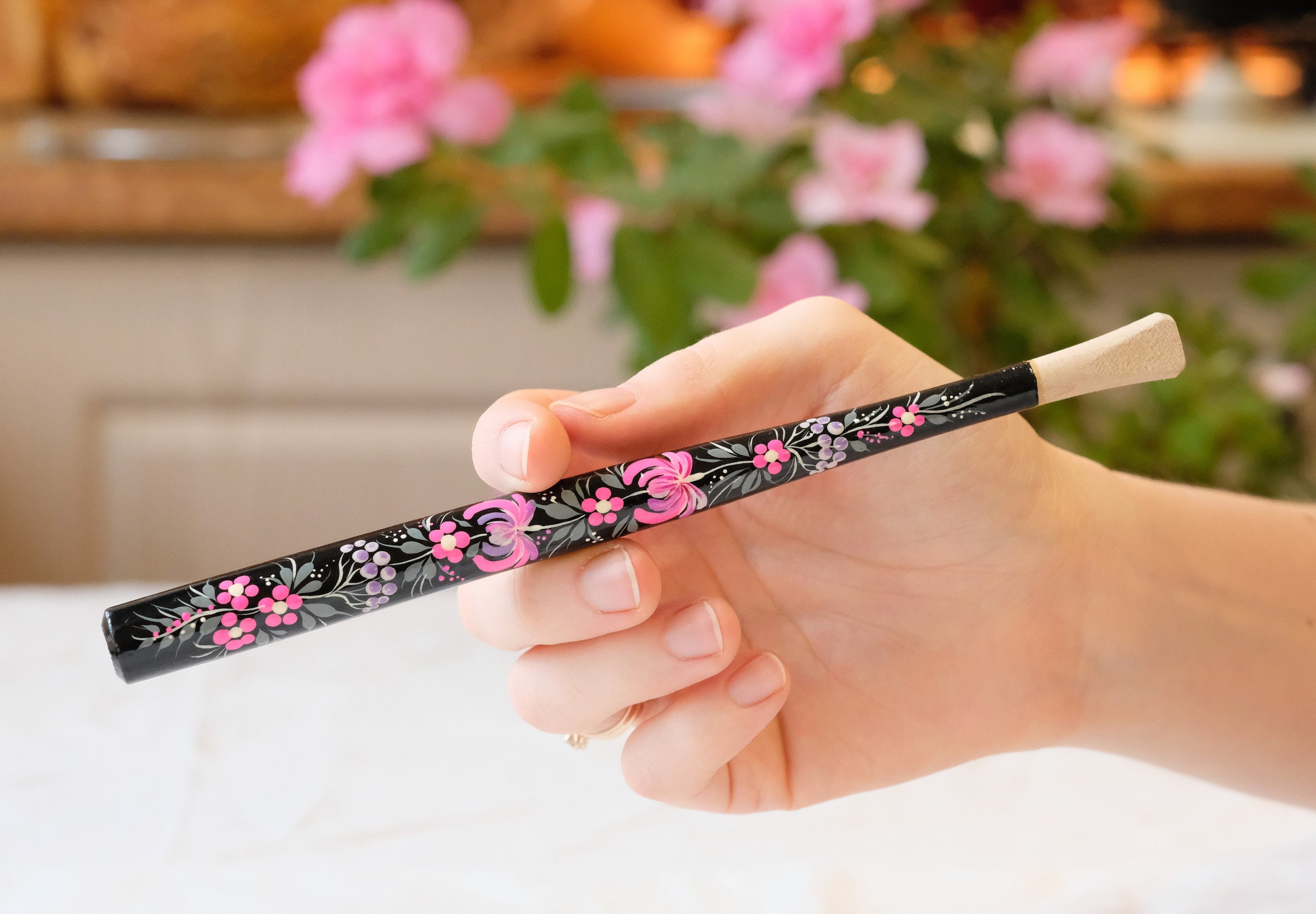 Long Regular Cigarette Holder 7.8 inches - Painted Wooden Pink Flower Mouthpiece with Ukrainian Folk Art Petrykivka