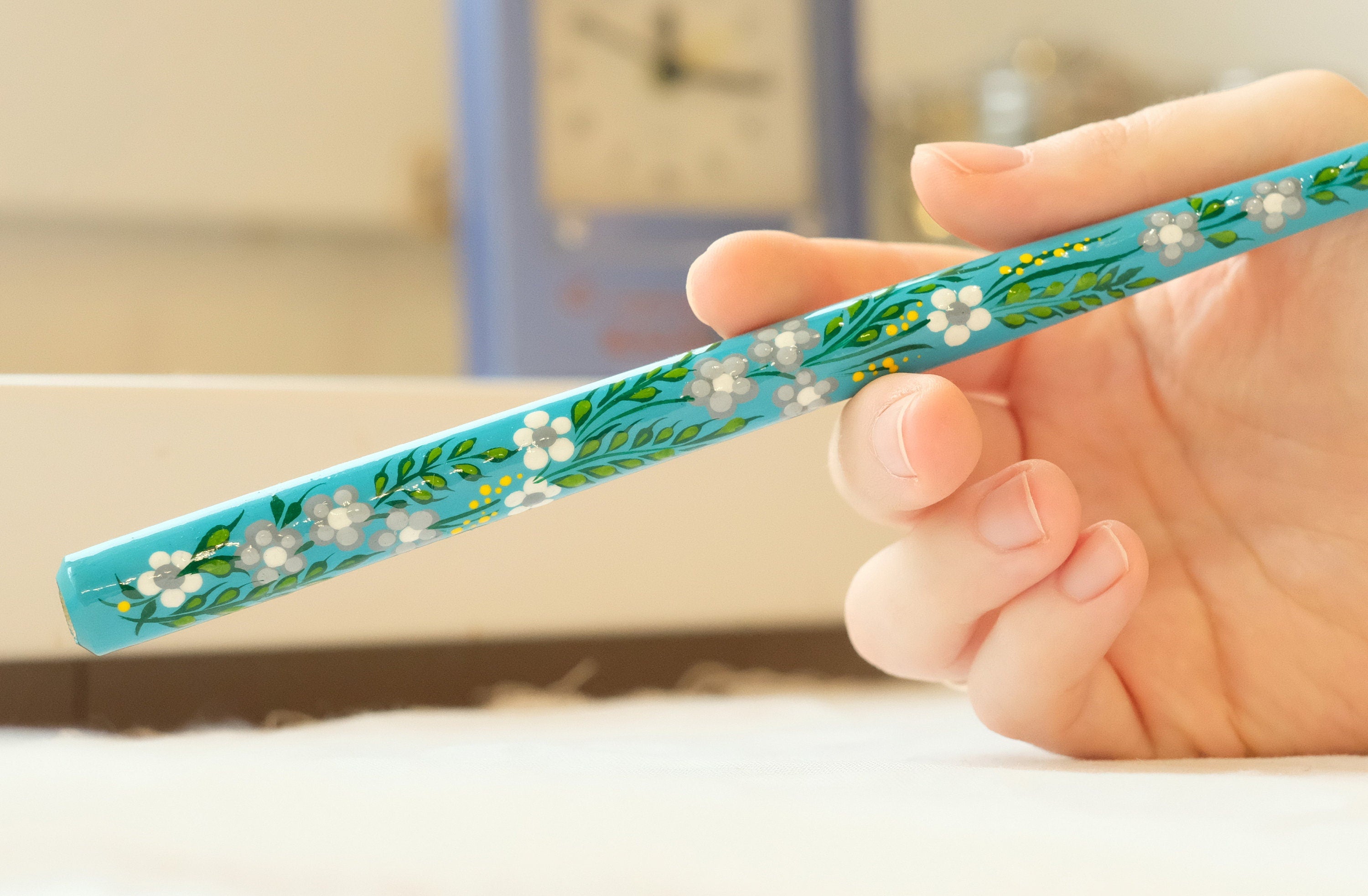 Extra long regular cigarette holder 9.1"/23 cm - Hand-painted wooden turquoise flower cigarette holder with Ukrainian Petrykivka art
