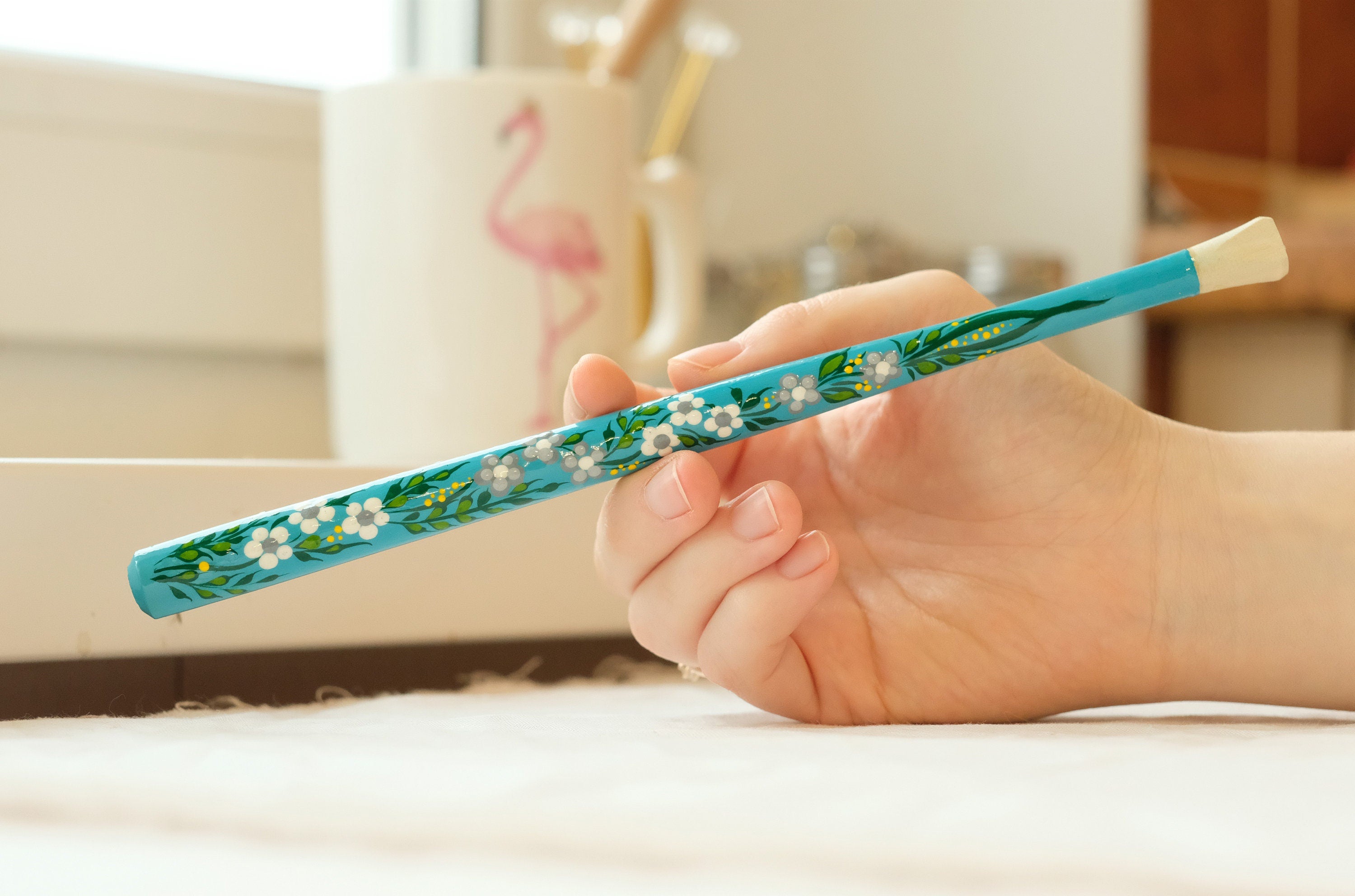 Extra long regular cigarette holder 9.1"/23 cm - Hand-painted wooden turquoise flower cigarette holder with Ukrainian Petrykivka art