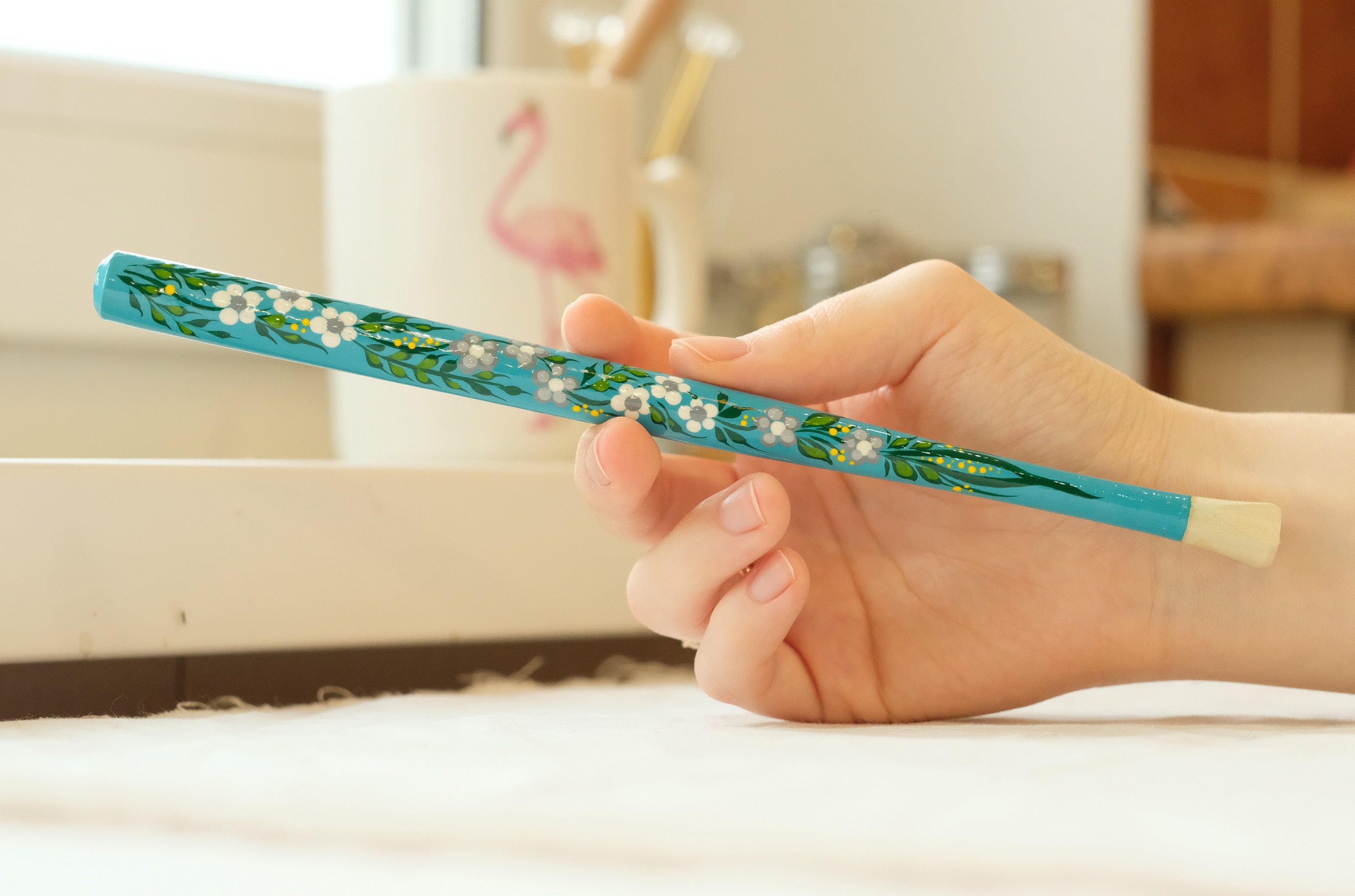 Extra long regular cigarette holder 9.1"/23 cm - Hand-painted wooden turquoise flower cigarette holder with Ukrainian Petrykivka art