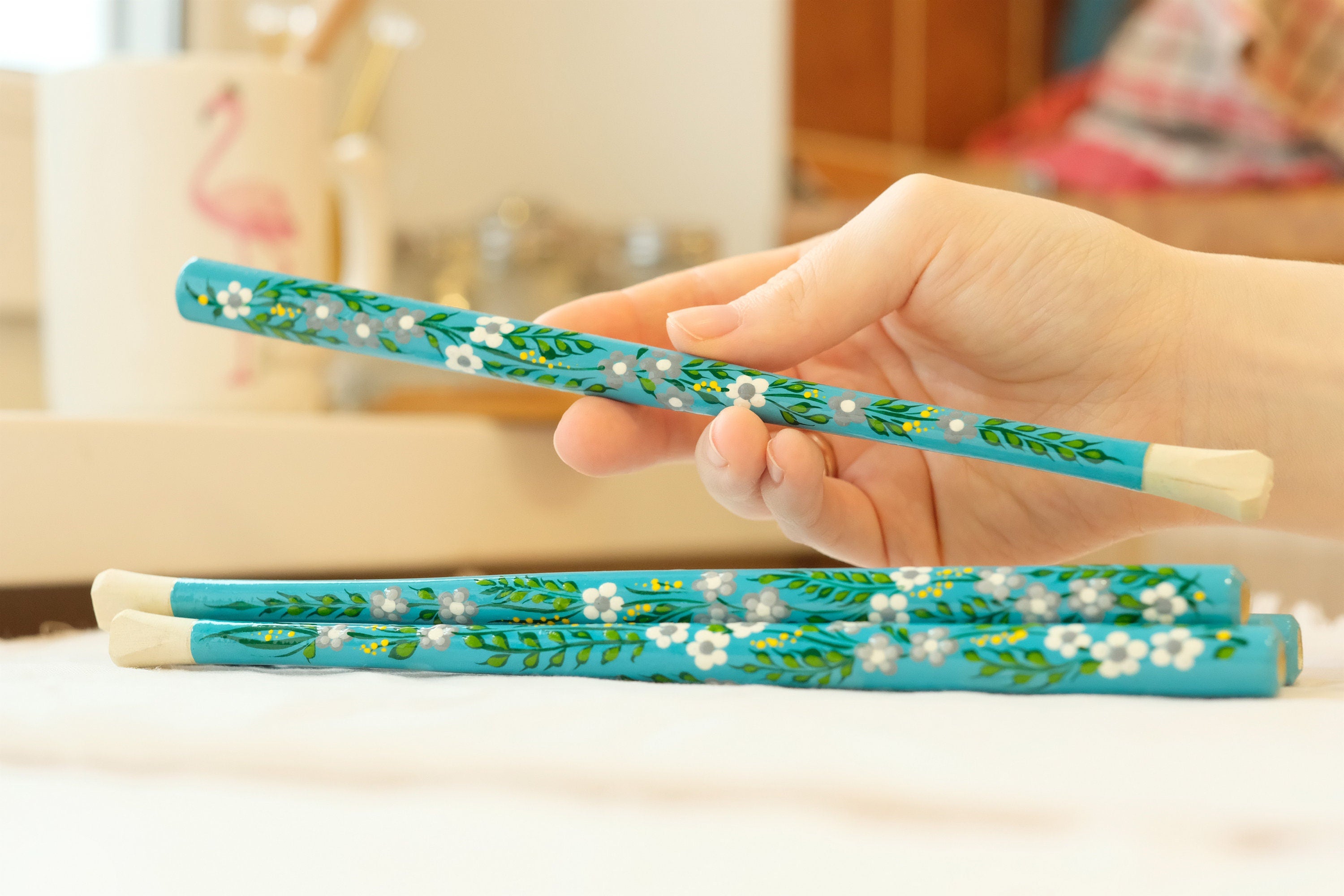Extra long regular cigarette holder 9.1"/23 cm - Hand-painted wooden turquoise flower cigarette holder with Ukrainian Petrykivka art