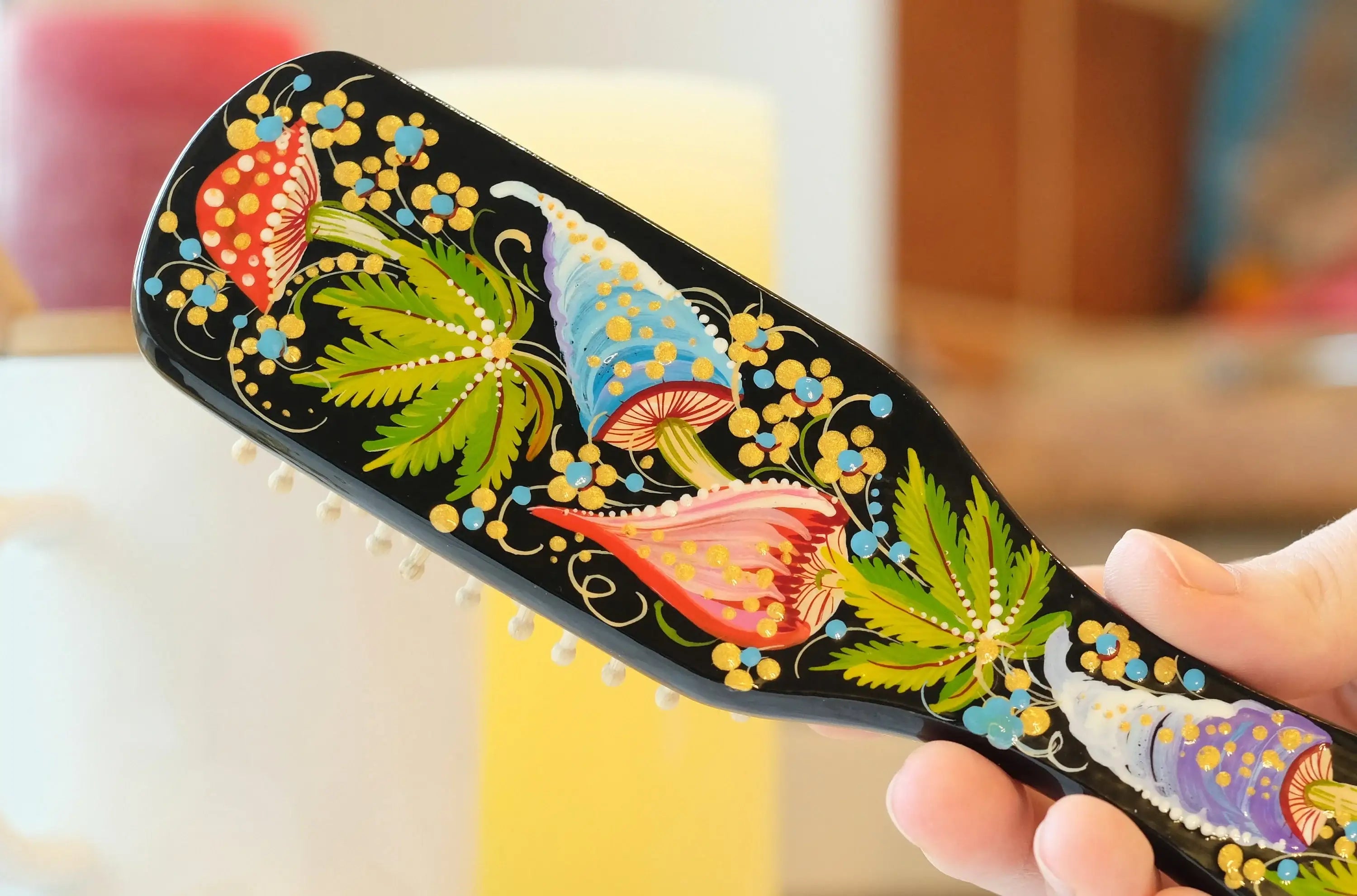 Painted Wooden Mushroom Hairbrush - Wooden Bristle Massage Brush, Large Wooden Paddle Brush, Petrykivka Art