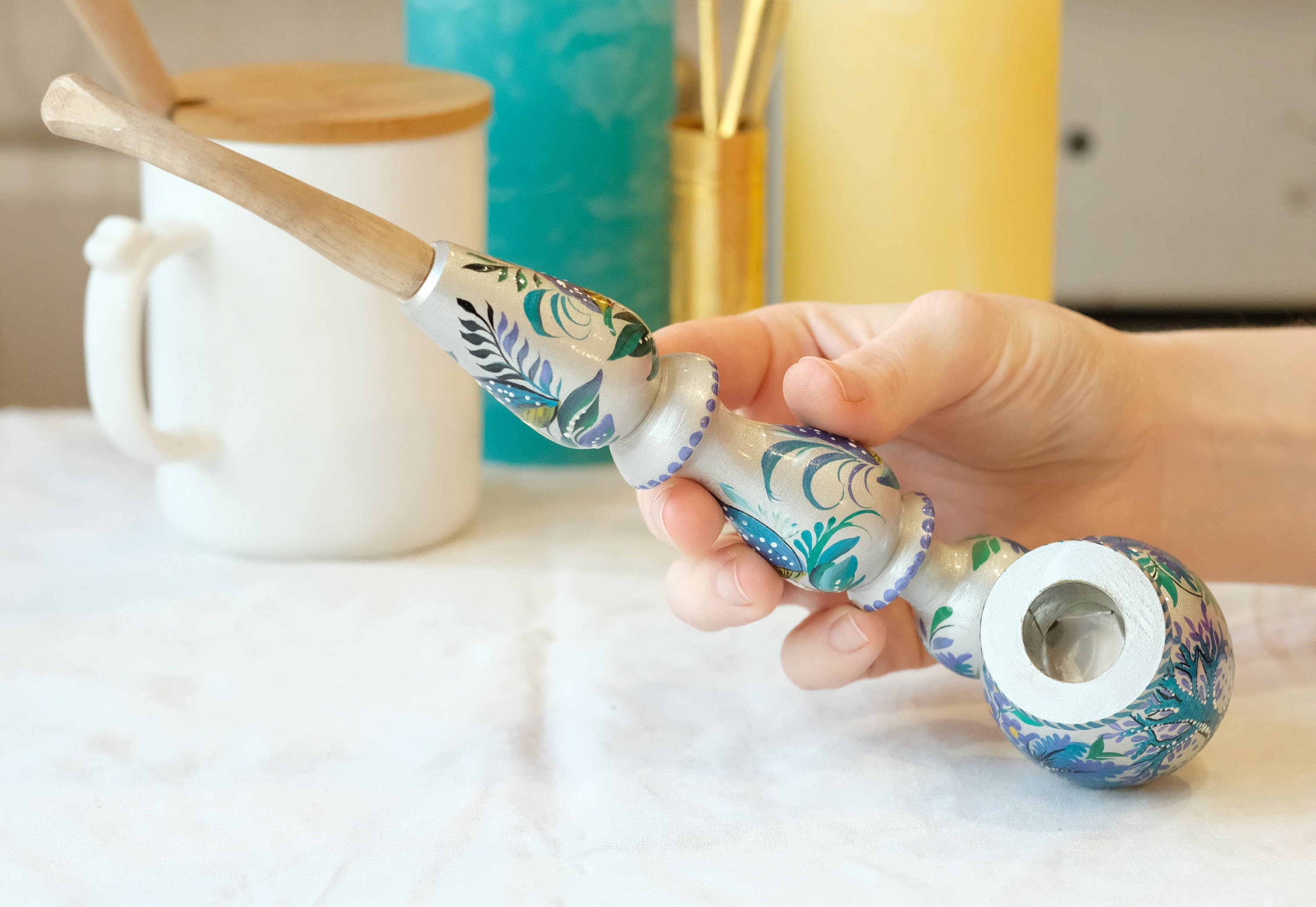 Long Painted Wooden Smoking Pipe - Tree of Life & Mushroom Tobacco Pipe with Ukrainian Petrykivka Art