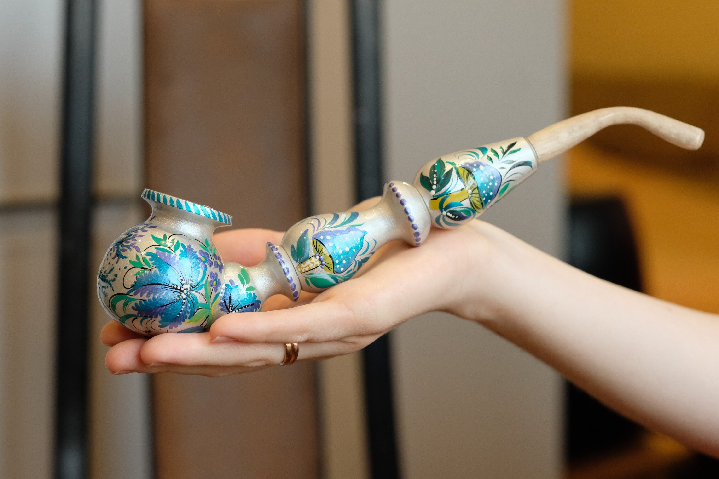 Long Painted Wooden Smoking Pipe - Tree of Life & Mushroom Tobacco Pipe with Ukrainian Petrykivka Art