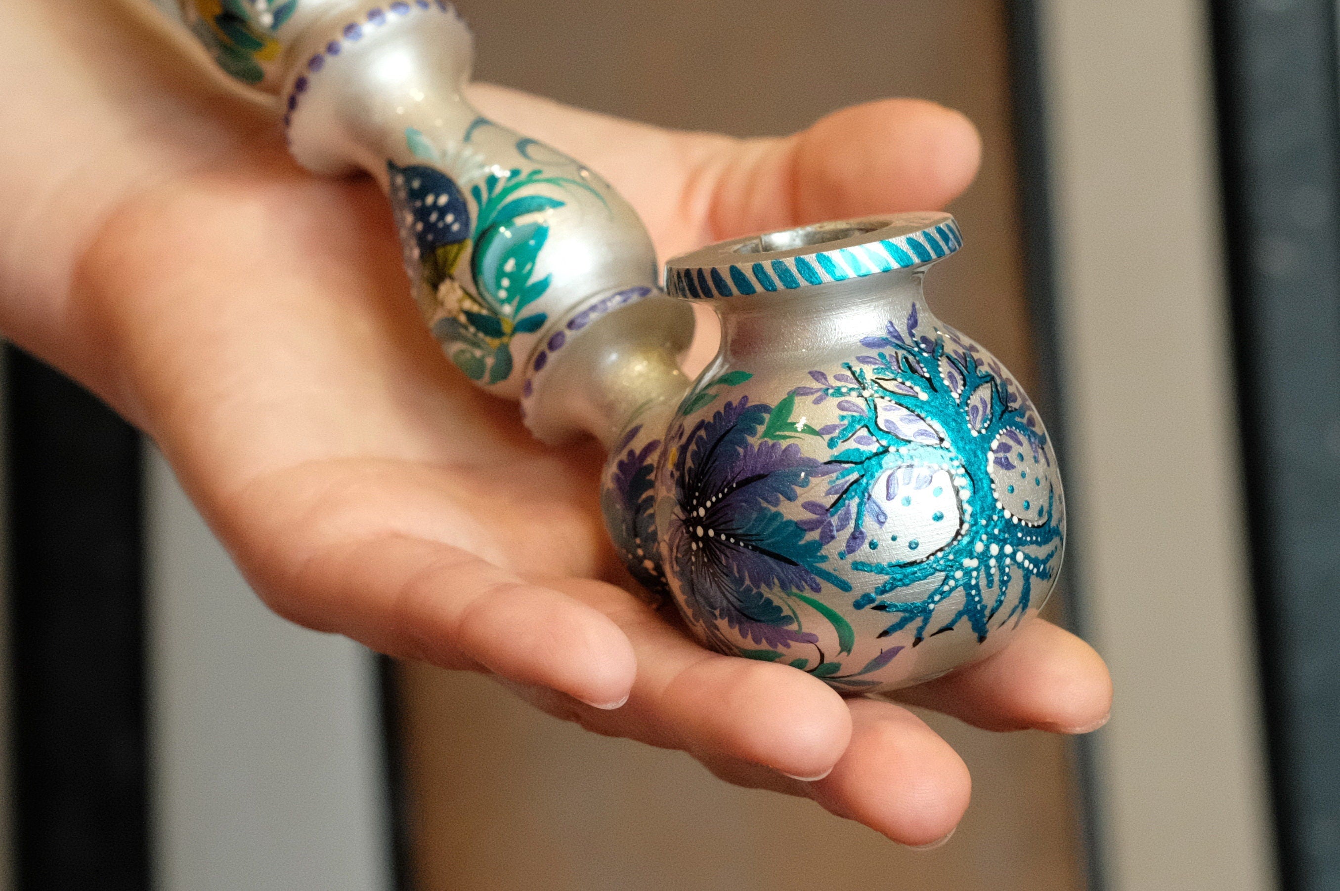 Long Painted Wooden Smoking Pipe - Tree of Life & Mushroom Tobacco Pipe with Ukrainian Petrykivka Art
