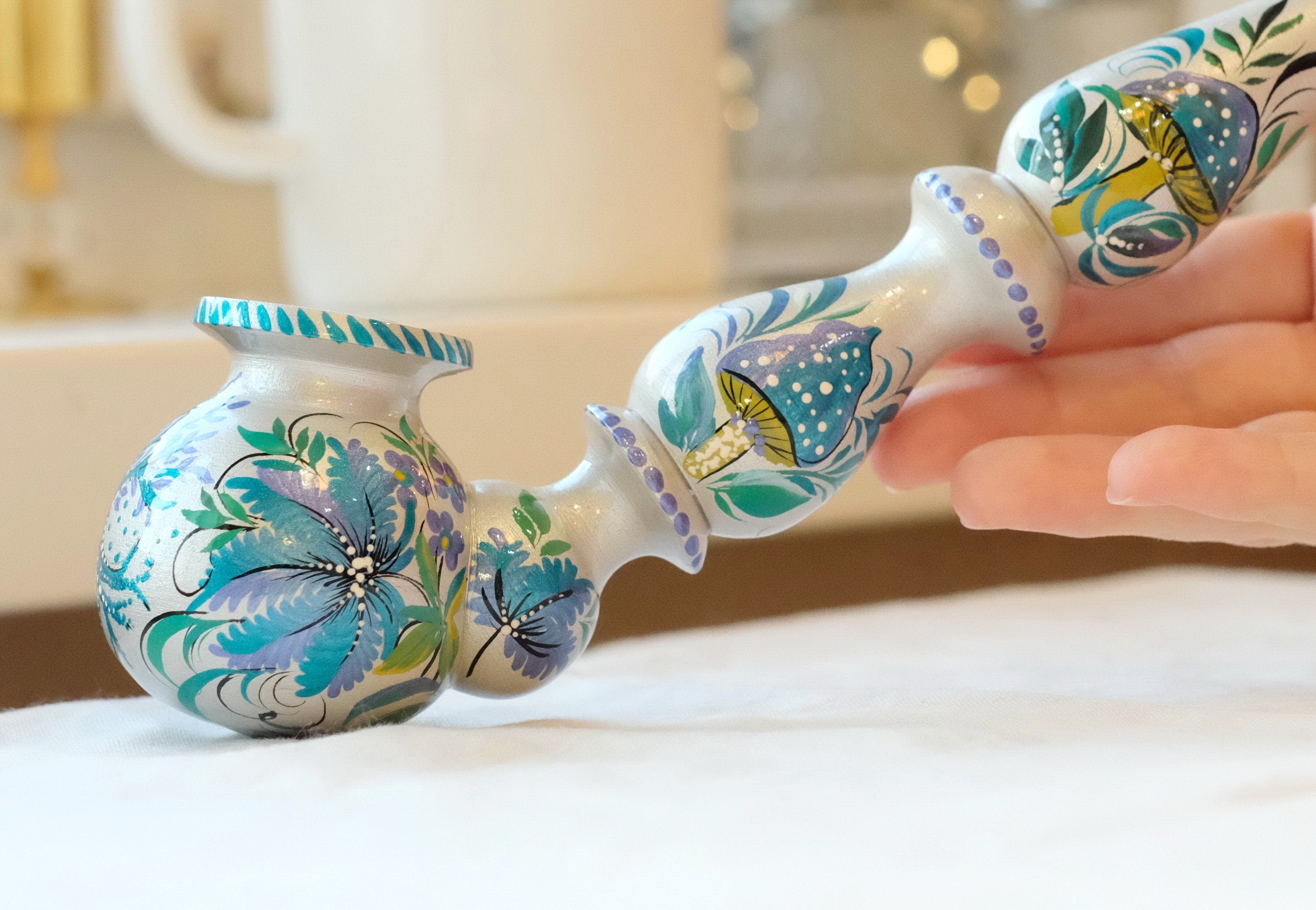 Long Painted Wooden Smoking Pipe - Tree of Life & Mushroom Tobacco Pipe with Ukrainian Petrykivka Art