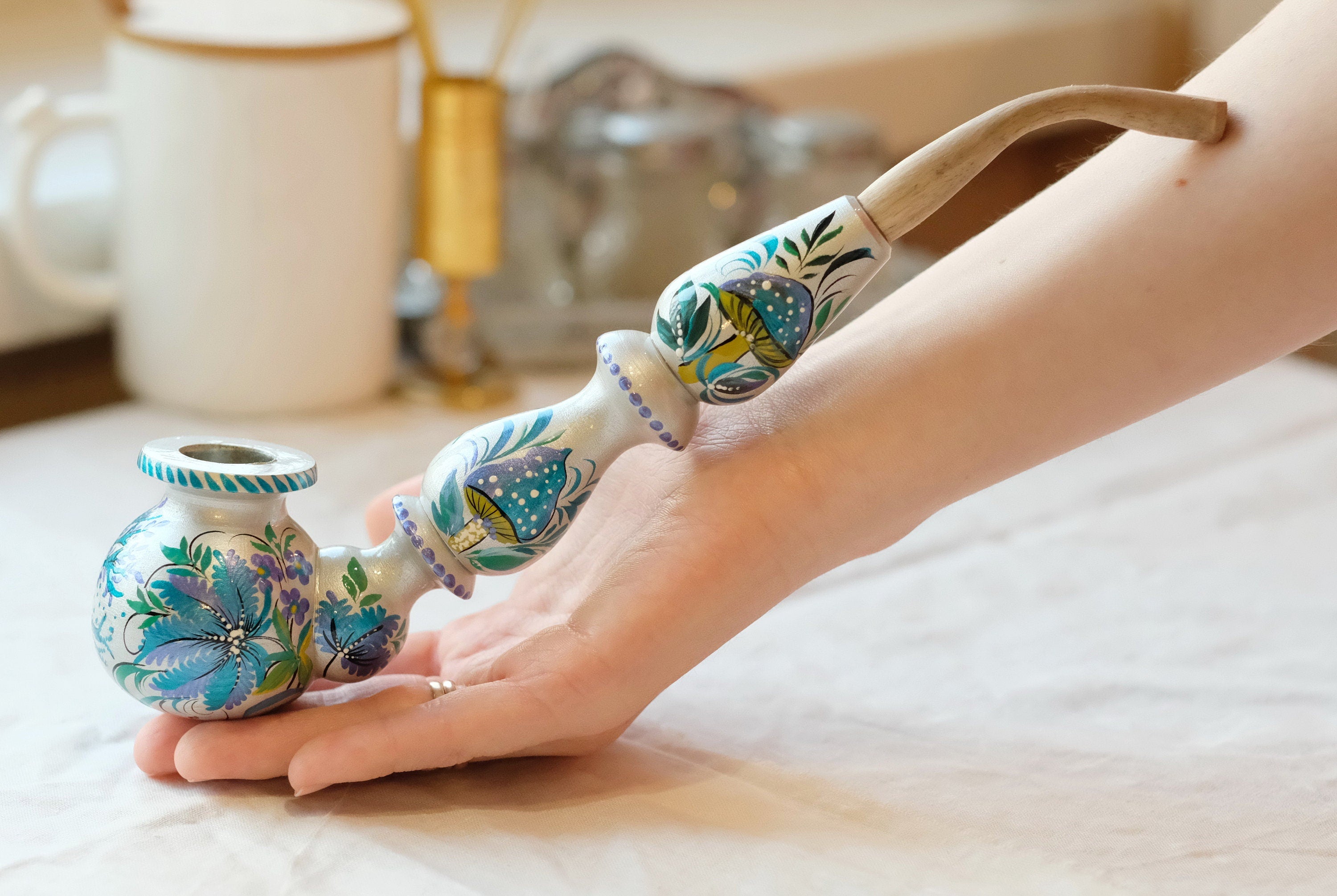 Long Painted Wooden Smoking Pipe - Tree of Life & Mushroom Tobacco Pipe with Ukrainian Petrykivka Art