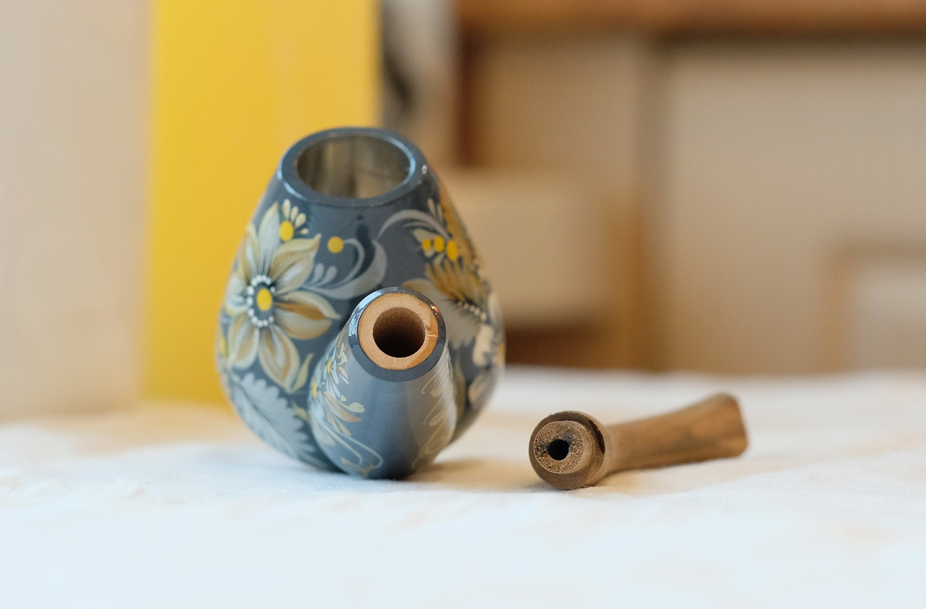 Painted Wooden Gray Smoking Pipe - Tobacco Pipe with Ukrainian Folk Art Petrykivka