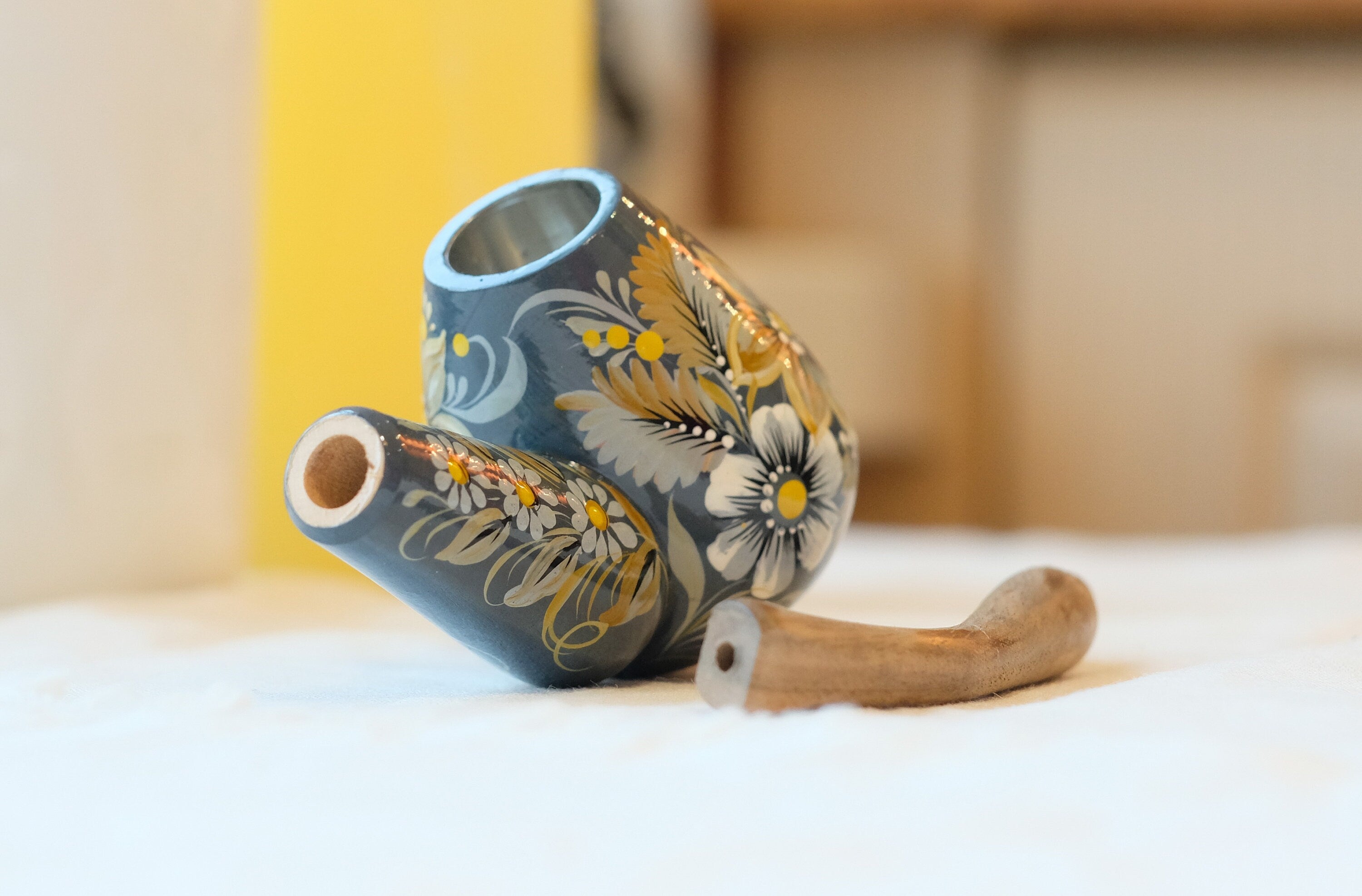 Painted Wooden Gray Smoking Pipe - Tobacco Pipe with Ukrainian Folk Art Petrykivka