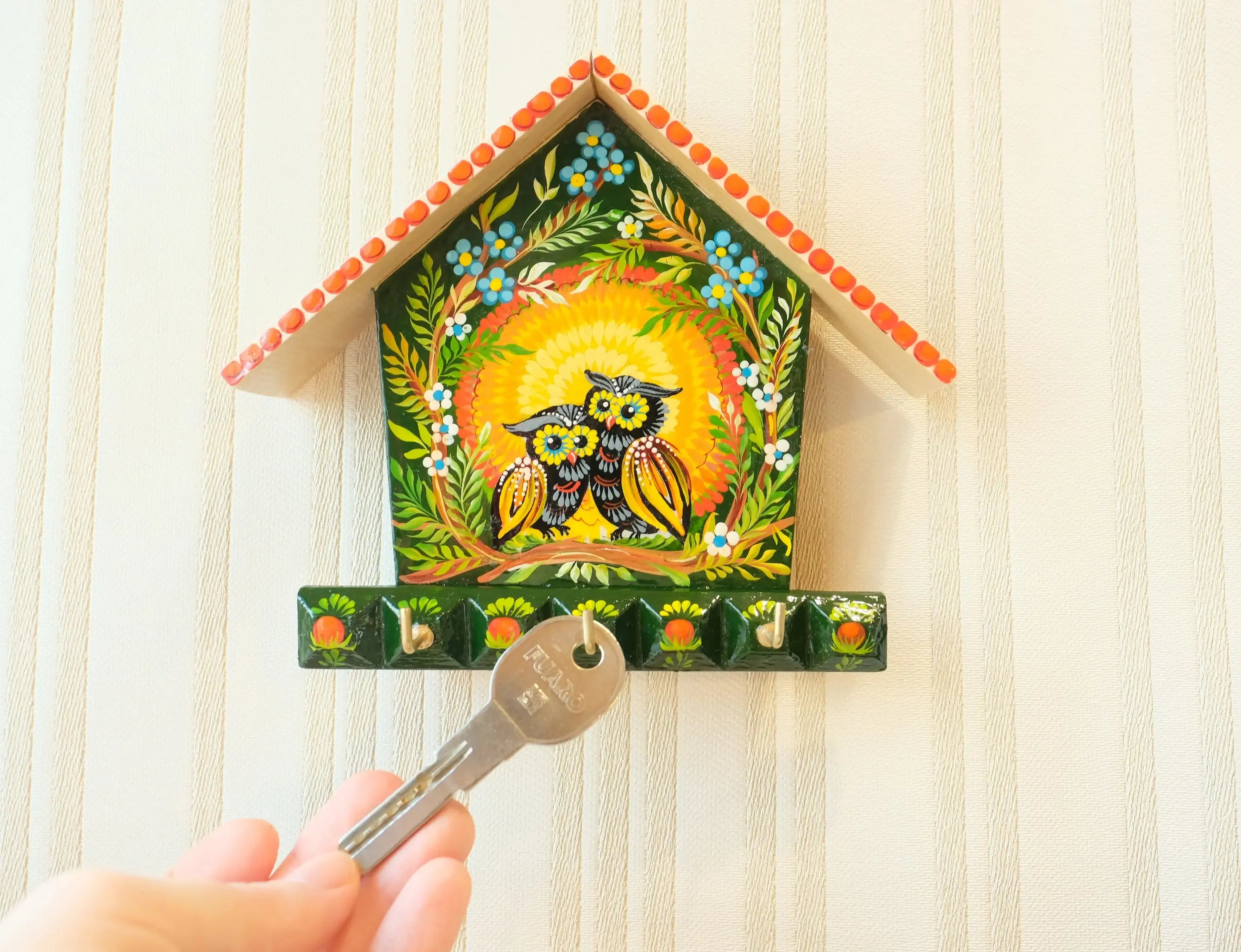 Wooden Painted Key Holder for Wall with Owls Couple - Atrisanal House-shaped Wall Mount Key Hanger, Petrykivka Art, Green and Orange