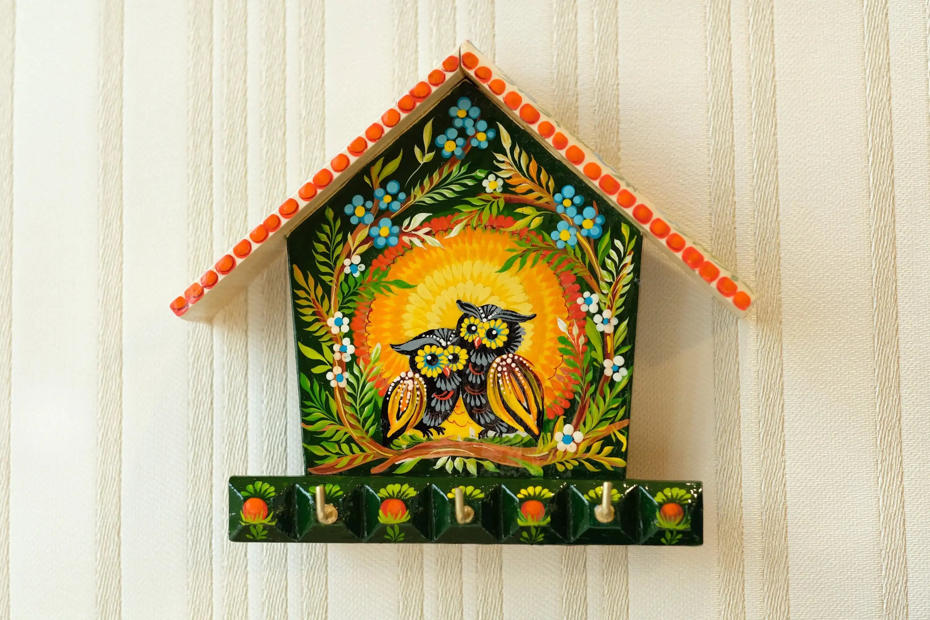 Wooden Painted Key Holder for Wall with Owls Couple - Atrisanal House-shaped Wall Mount Key Hanger, Petrykivka Art, Green and Orange