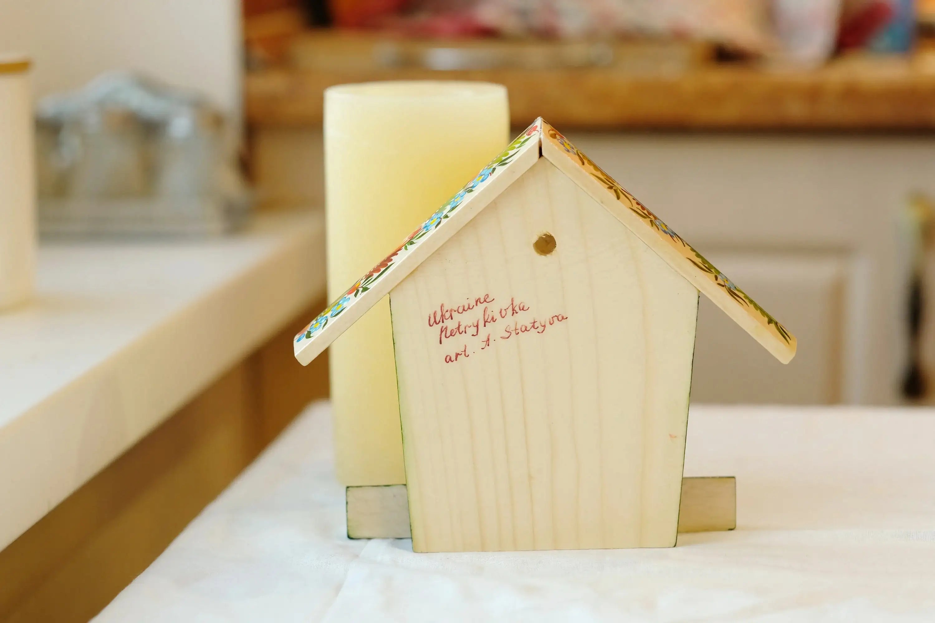 Wooden Painted Key Holder for Wall with Owls Couple - Atrisanal House-shaped Wall Mount Key Hanger, Petrykivka Art, Green and Orange