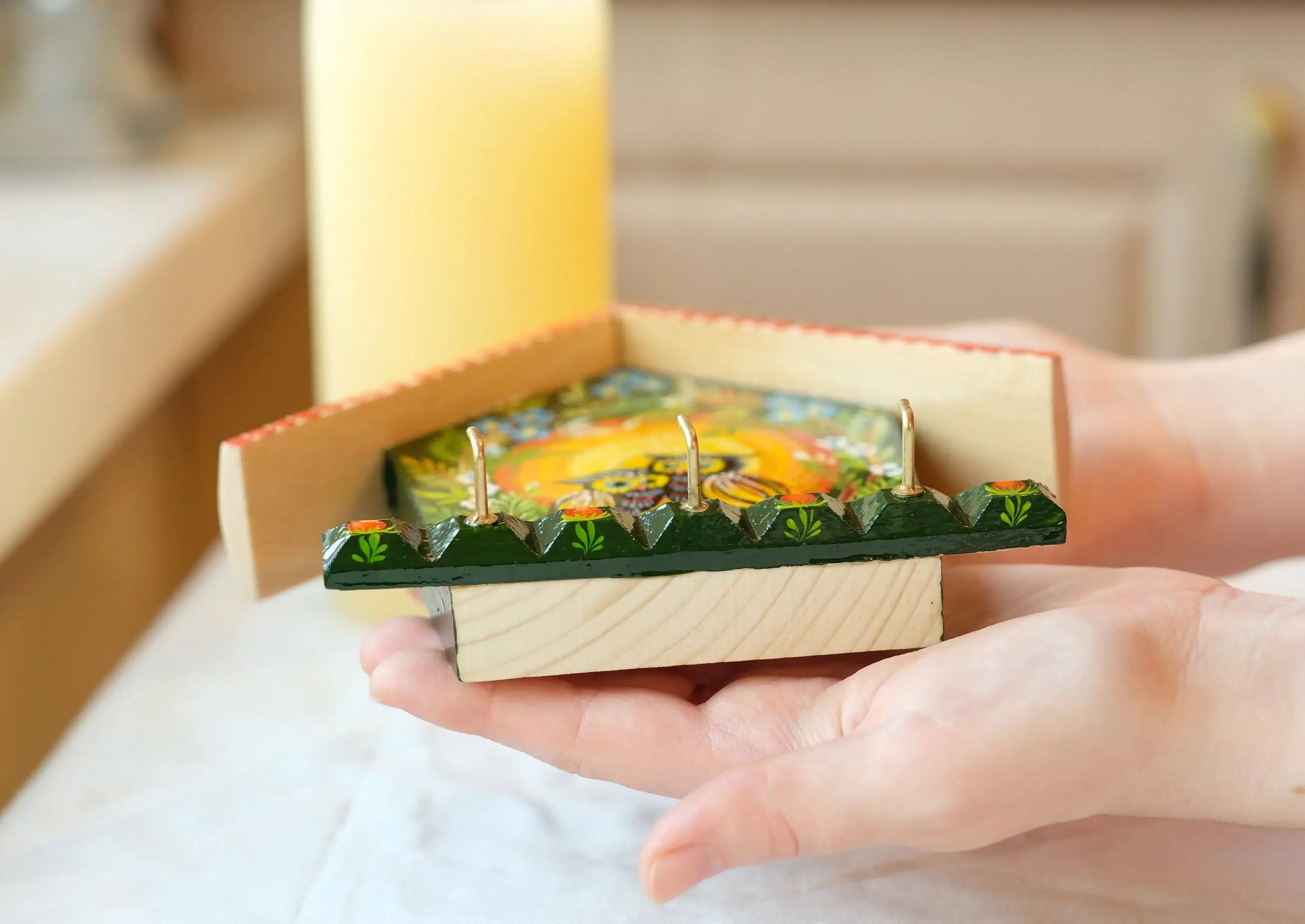 Wooden Painted Key Holder for Wall with Owls Couple - Atrisanal House-shaped Wall Mount Key Hanger, Petrykivka Art, Green and Orange