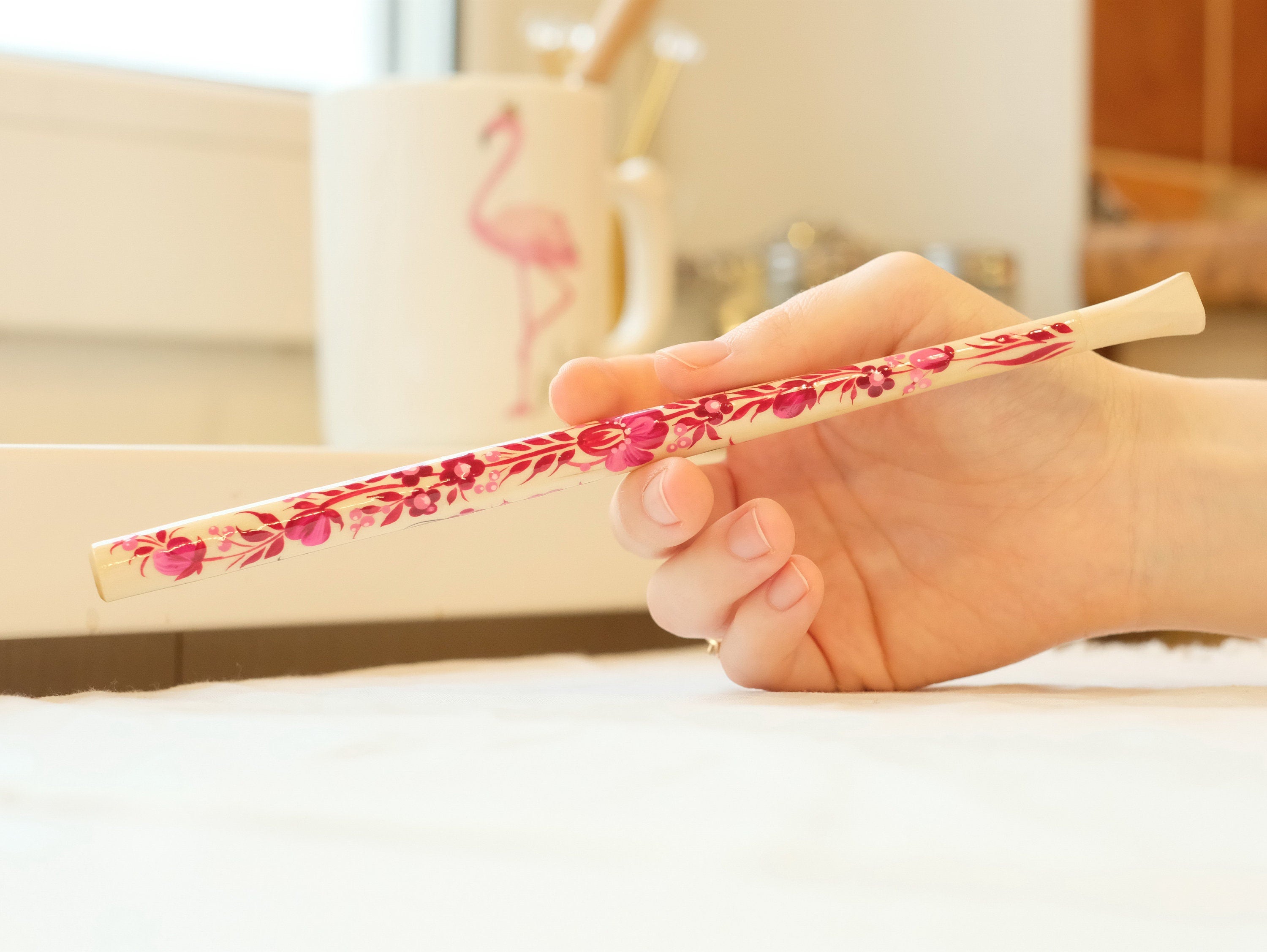 Extra long regular cigarette holder 9.1"/23 cm - Hand-painted wooden burgundy & pink flower cigarette holder with Ukrainian Petrykivka art