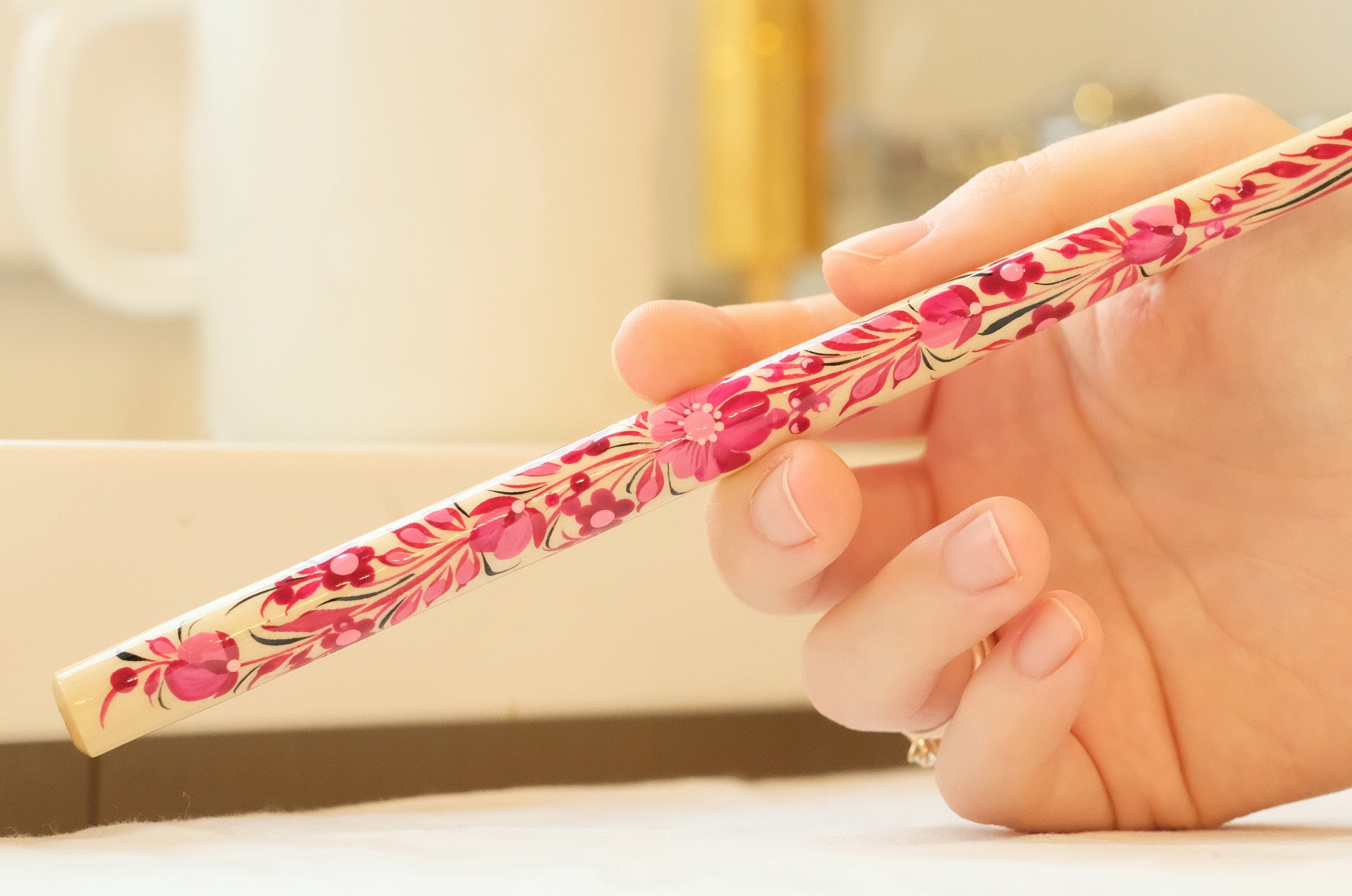 Extra long regular cigarette holder 9.1"/23 cm - Hand-painted wooden burgundy & pink flower cigarette holder with Ukrainian Petrykivka art