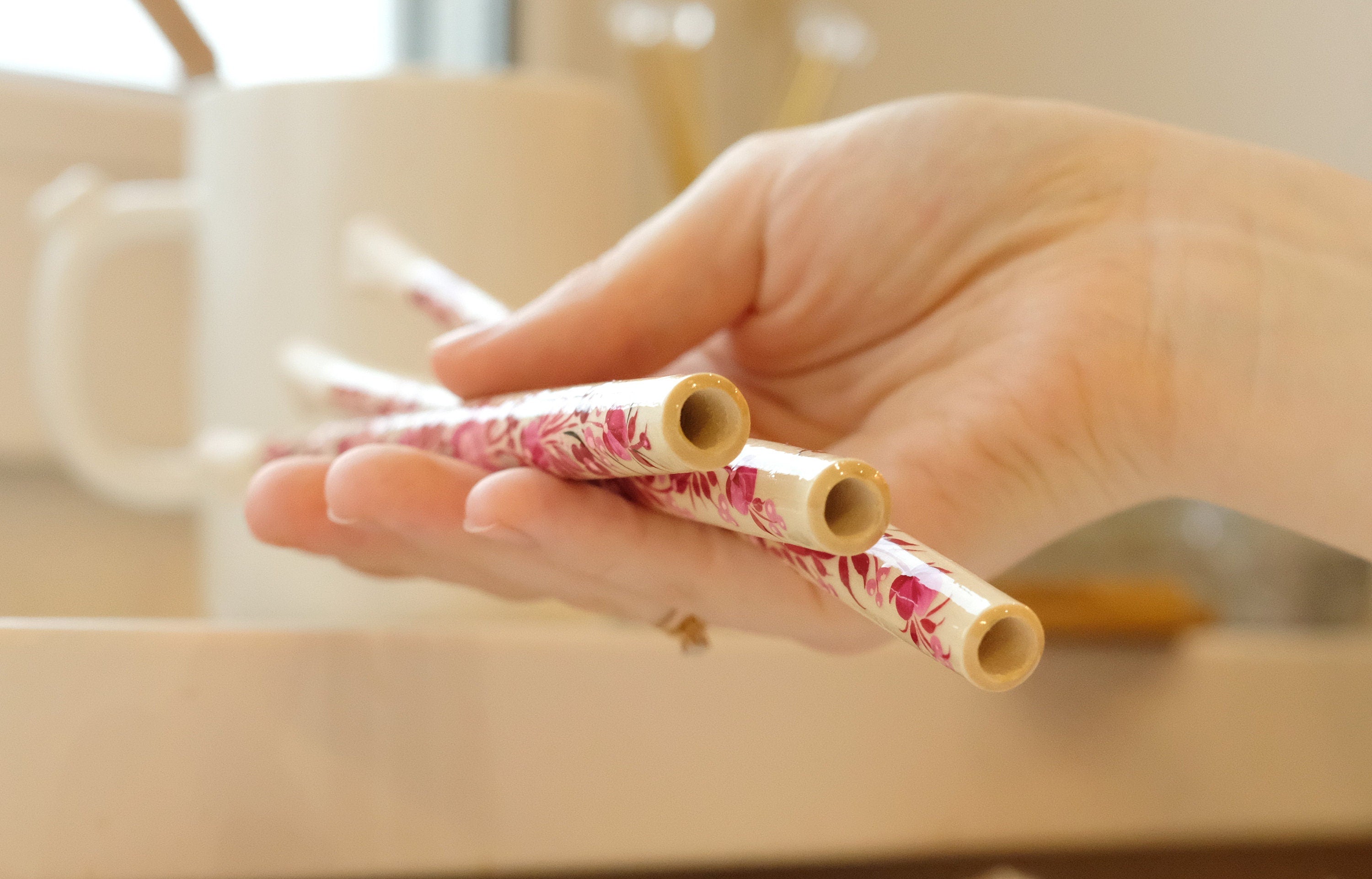 Extra long regular cigarette holder 9.1"/23 cm - Hand-painted wooden burgundy & pink flower cigarette holder with Ukrainian Petrykivka art