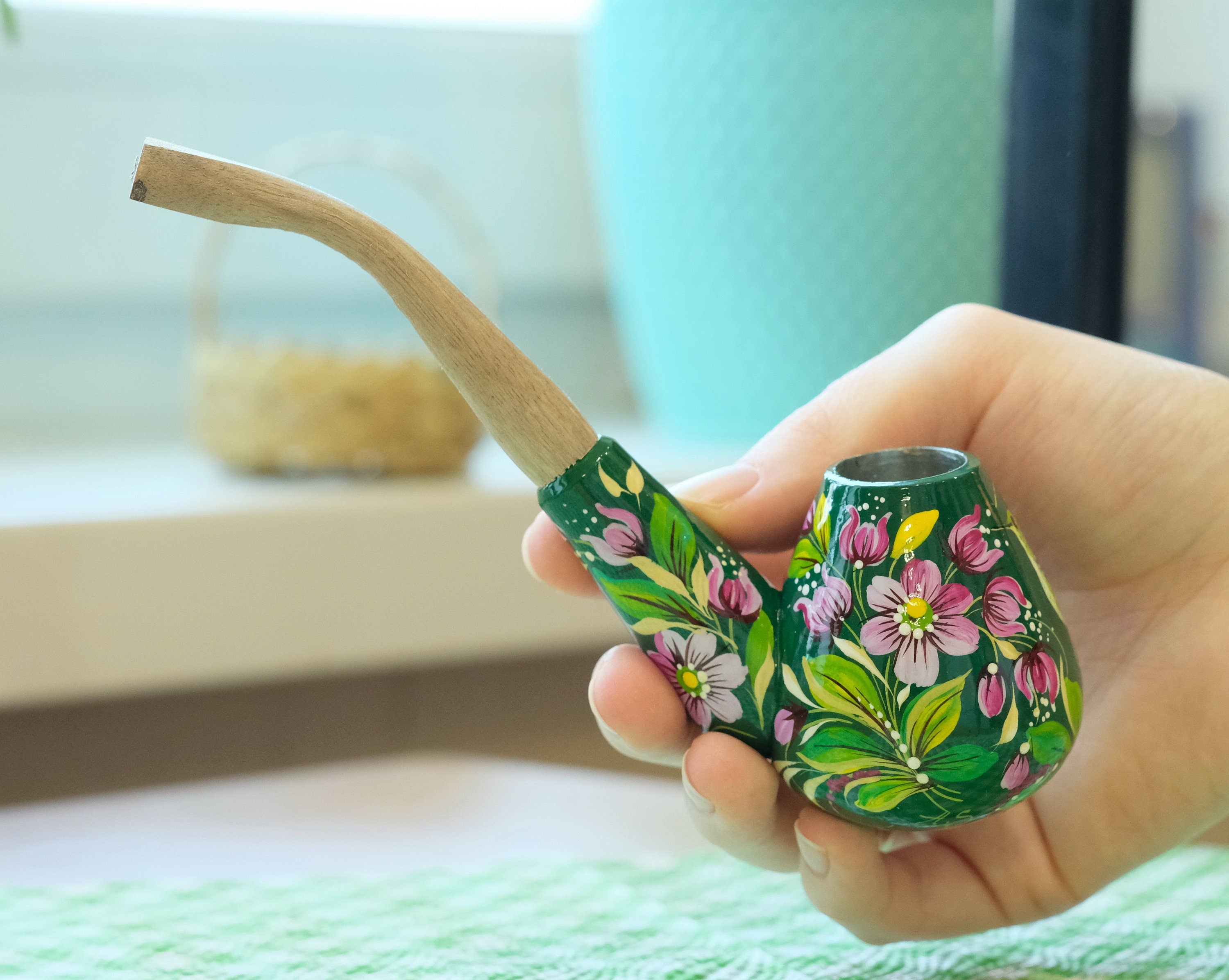 Wooden Smoking Pipe - Painted Green Hummingbird Tobaco Pipe with Ukrainian Folk Art Petrykivka