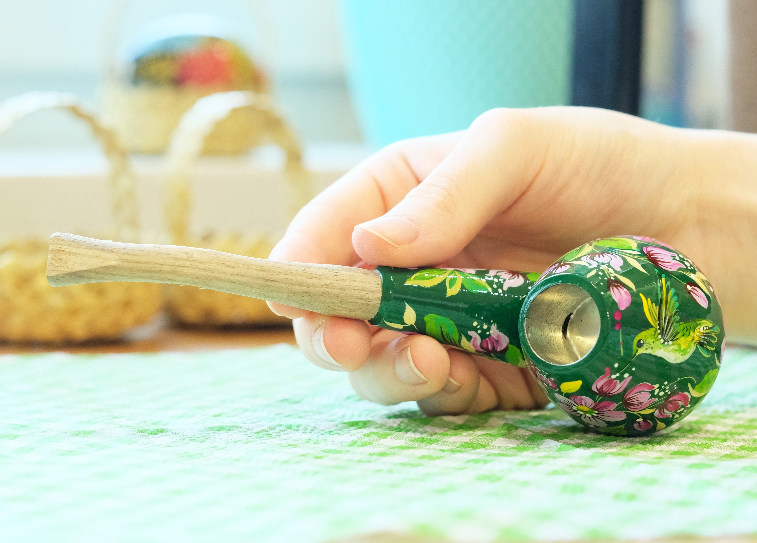 Wooden Smoking Pipe - Painted Green Hummingbird Tobaco Pipe with Ukrainian Folk Art Petrykivka
